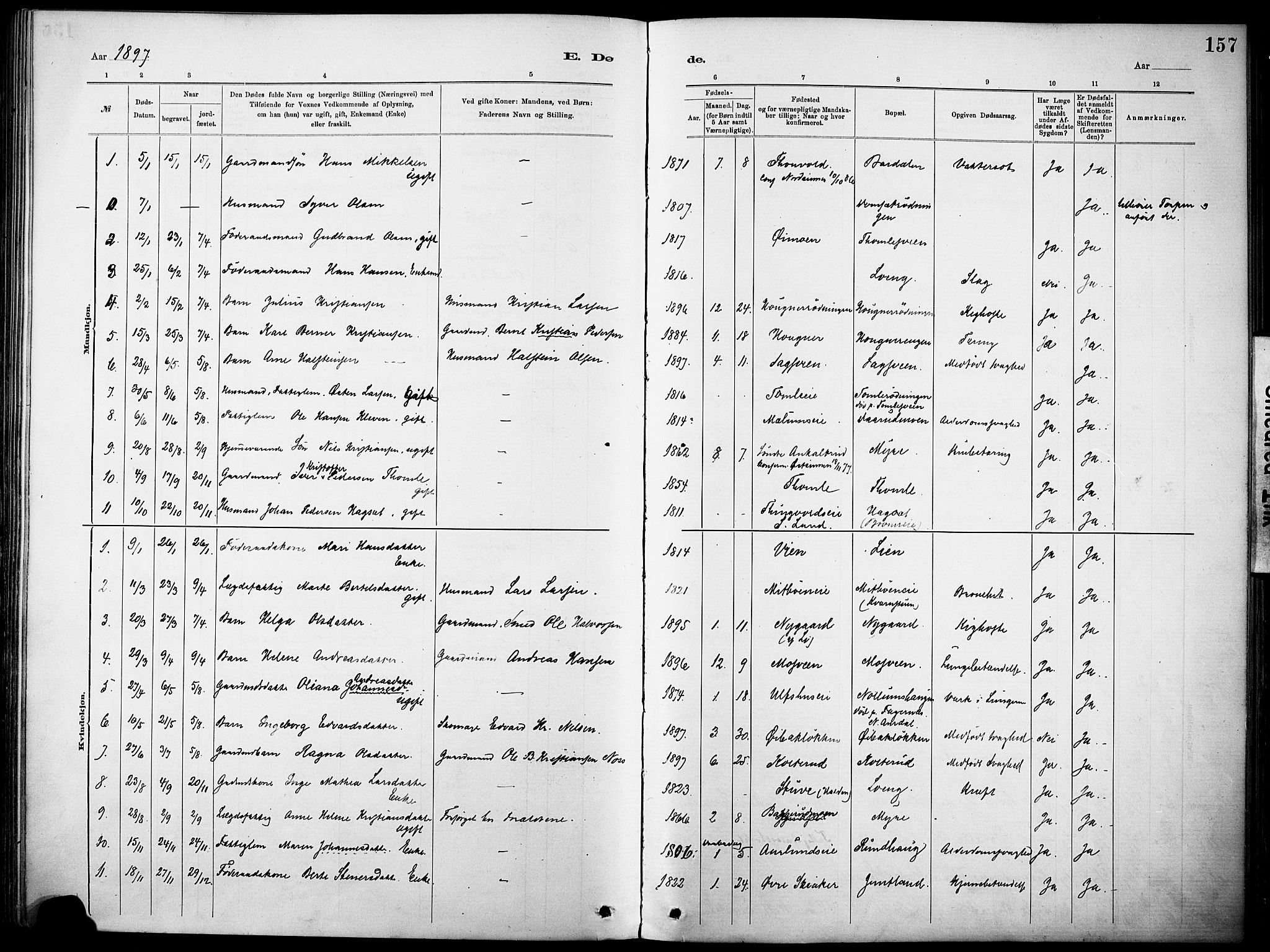 Nordre Land prestekontor, SAH/PREST-124/H/Ha/Haa/L0005: Parish register (official) no. 5, 1882-1903, p. 157
