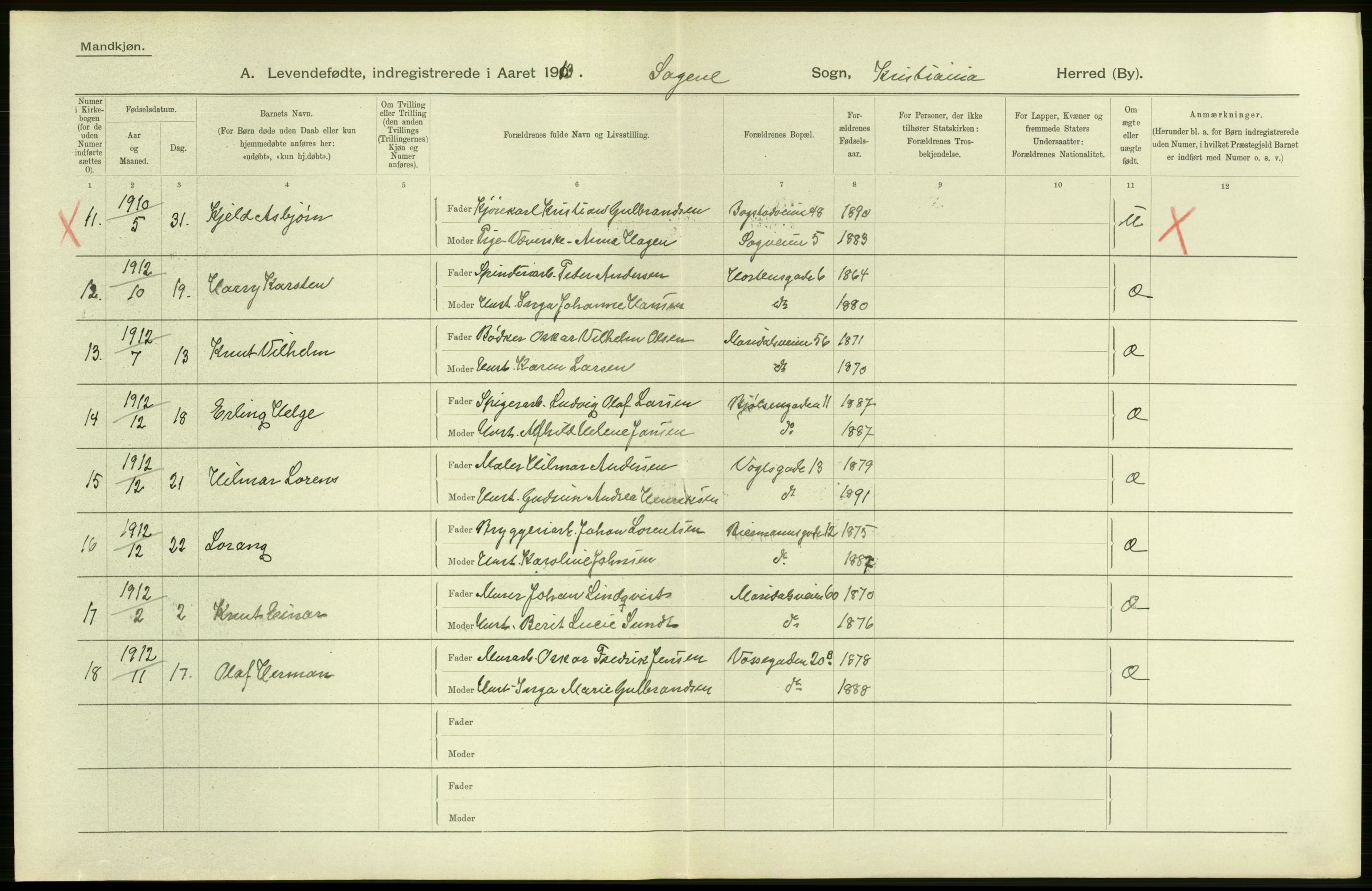 Statistisk sentralbyrå, Sosiodemografiske emner, Befolkning, AV/RA-S-2228/D/Df/Dfb/Dfbc/L0006: Kristiania: Levendefødte menn og kvinner., 1913, p. 62