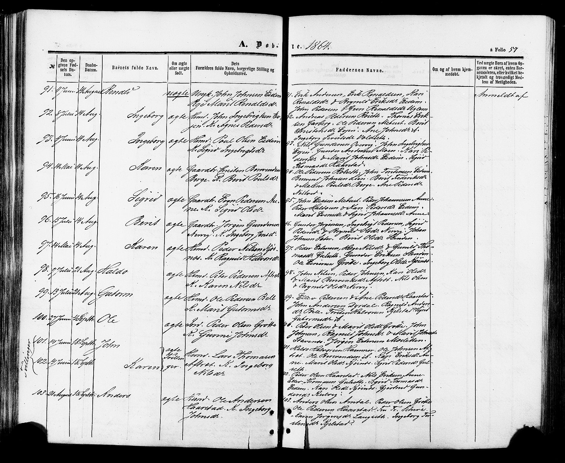 Ministerialprotokoller, klokkerbøker og fødselsregistre - Sør-Trøndelag, AV/SAT-A-1456/695/L1147: Parish register (official) no. 695A07, 1860-1877, p. 57