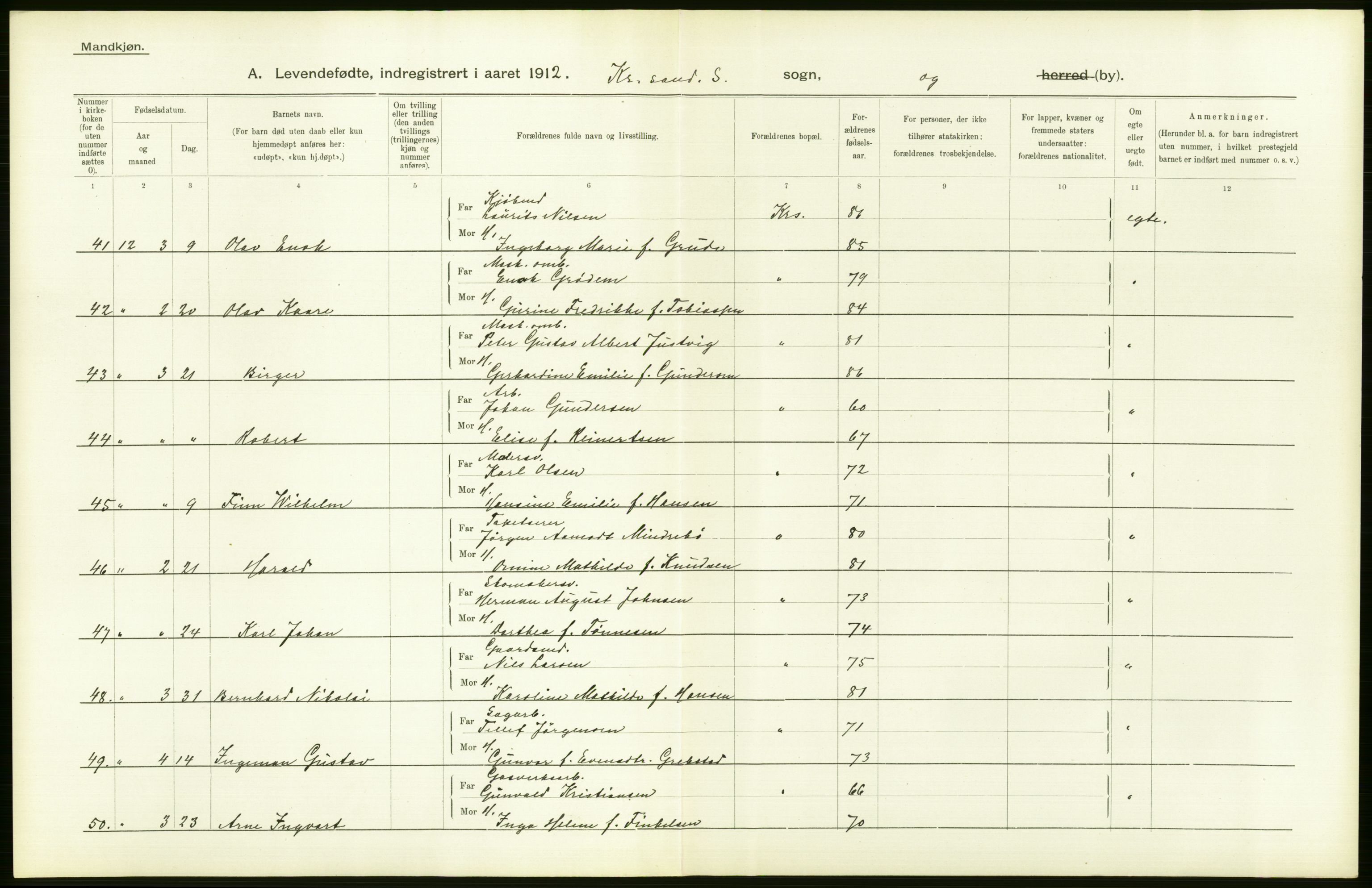 Statistisk sentralbyrå, Sosiodemografiske emner, Befolkning, AV/RA-S-2228/D/Df/Dfb/Dfbb/L0024: Lister og Mandals amt: Levendefødte menn og kvinner. Bygder og byer., 1912, p. 94