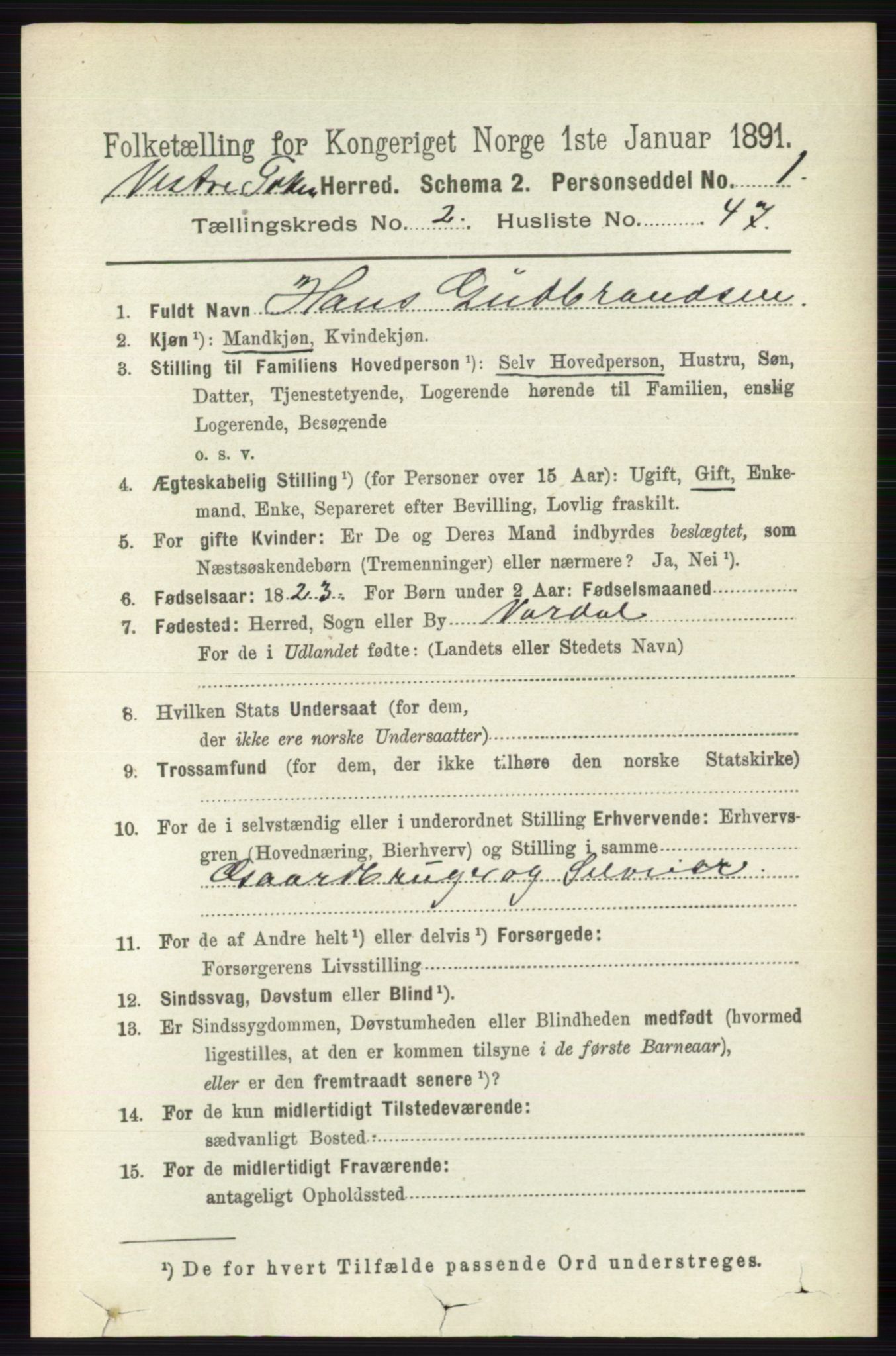 RA, 1891 census for 0529 Vestre Toten, 1891, p. 1700