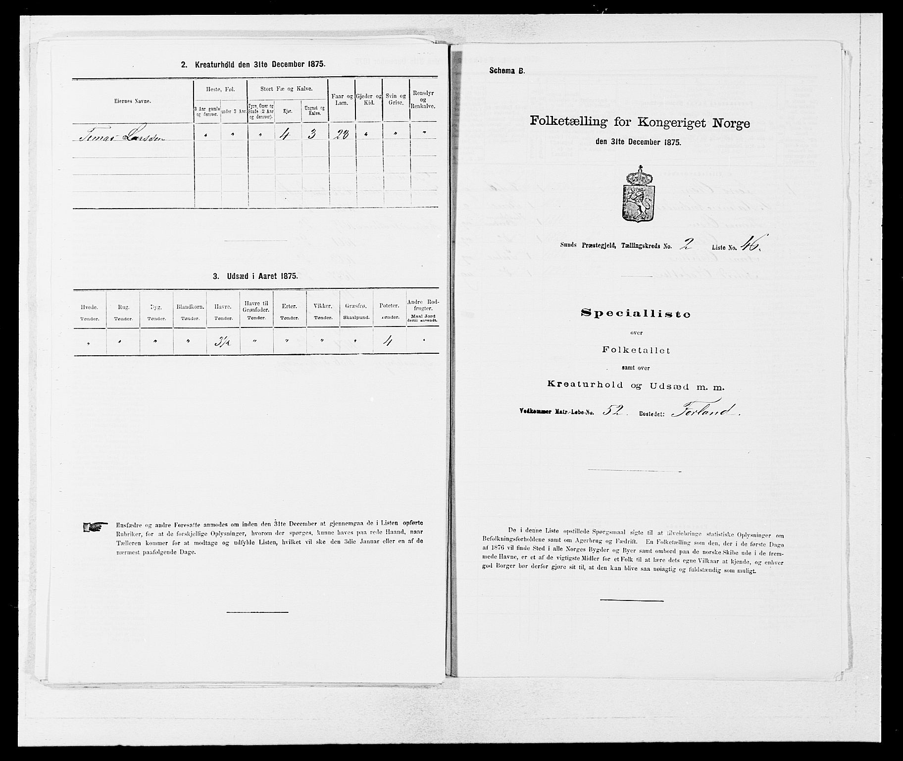 SAB, 1875 census for 1245P Sund, 1875, p. 222
