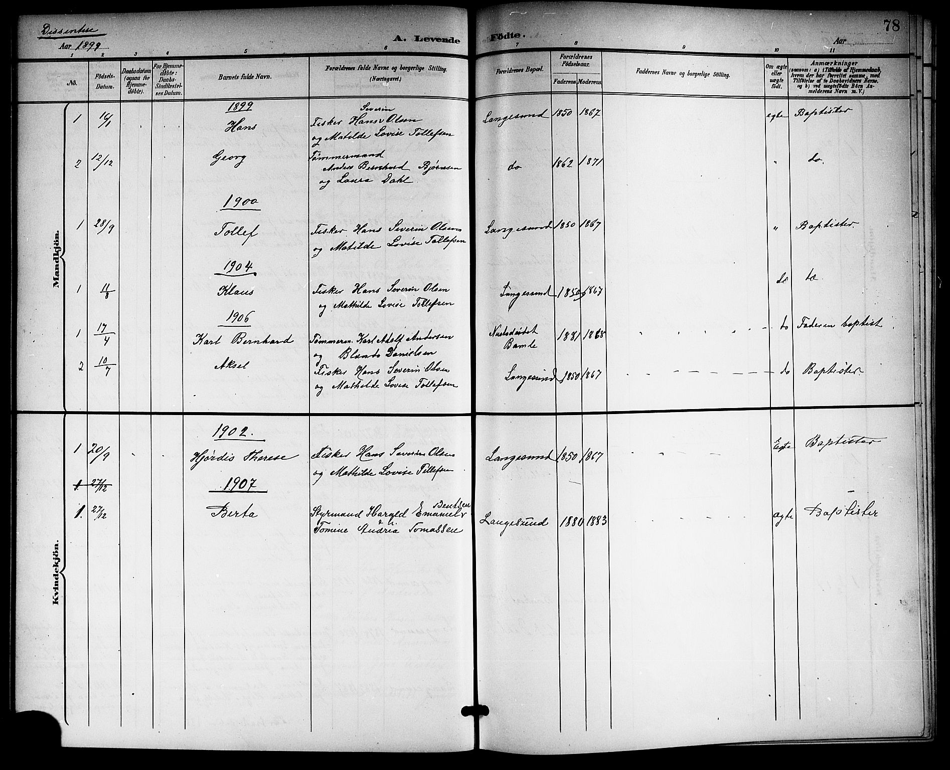 Langesund kirkebøker, SAKO/A-280/G/Ga/L0006: Parish register (copy) no. 6, 1899-1918, p. 78