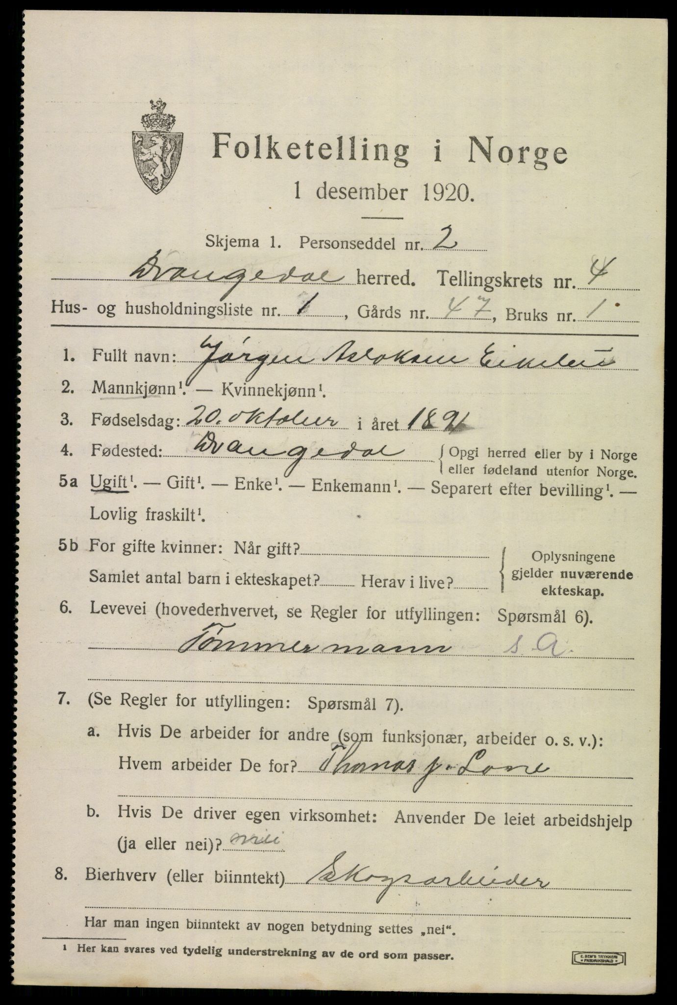 SAKO, 1920 census for Drangedal, 1920, p. 3149