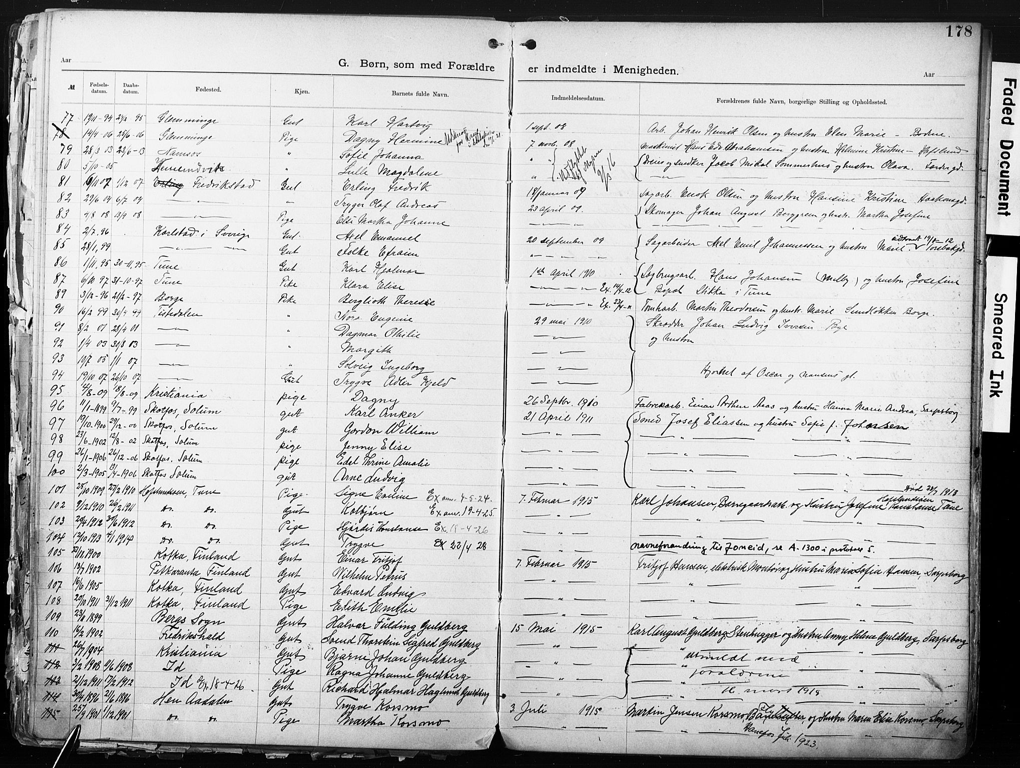 Sarpsborg metodistkirke, SAO/PAO-0233/A/L0004: Dissenter register no. 4, 1892-1923, p. 178