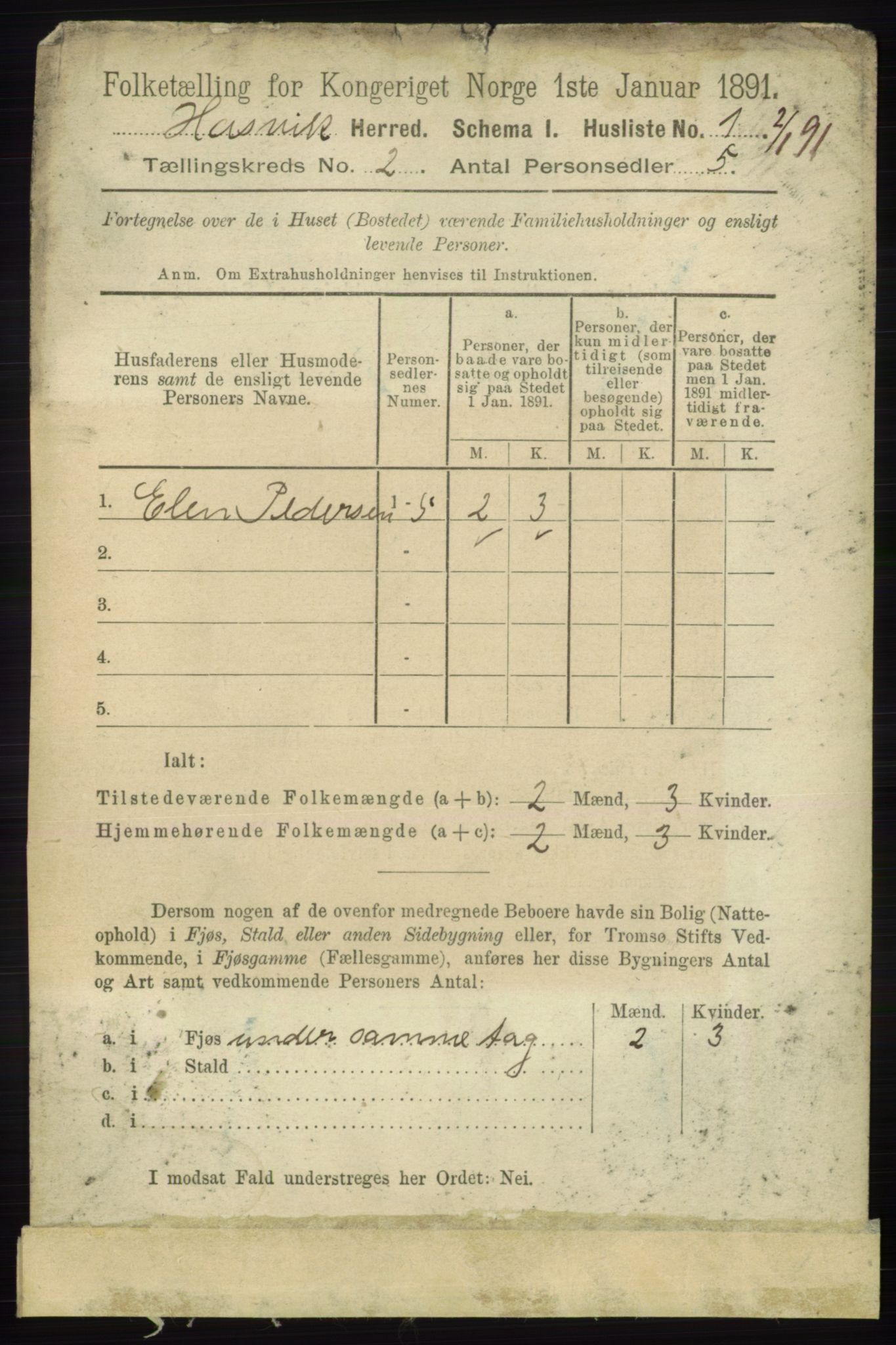 RA, 1891 census for 2015 Hasvik, 1891, p. 261
