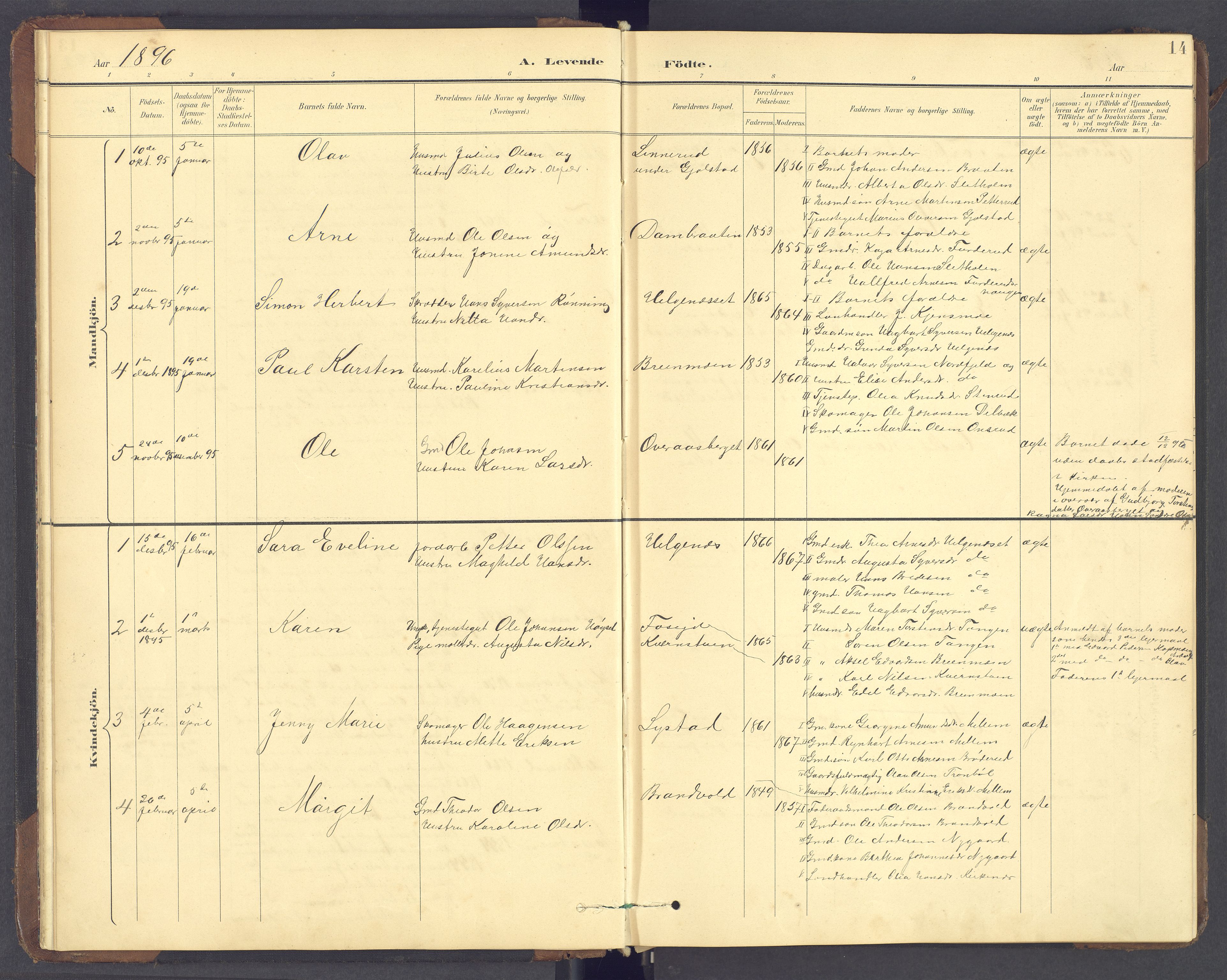 Brandval prestekontor, SAH/PREST-034/H/Ha/Hab/L0002: Parish register (copy) no. 2, 1895-1904, p. 14