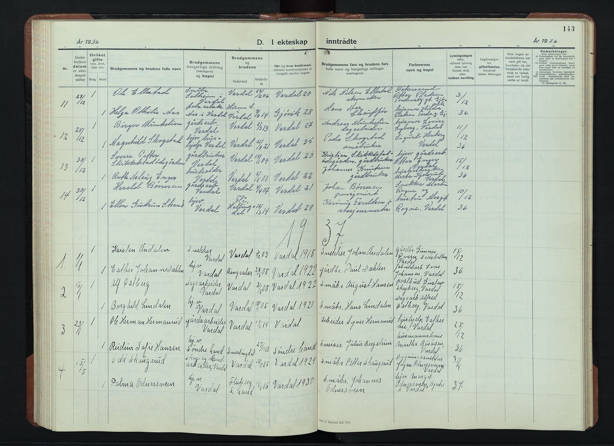 Vardal prestekontor, AV/SAH-PREST-100/H/Ha/Hab/L0018: Parish register (copy) no. 18, 1931-1951, p. 143