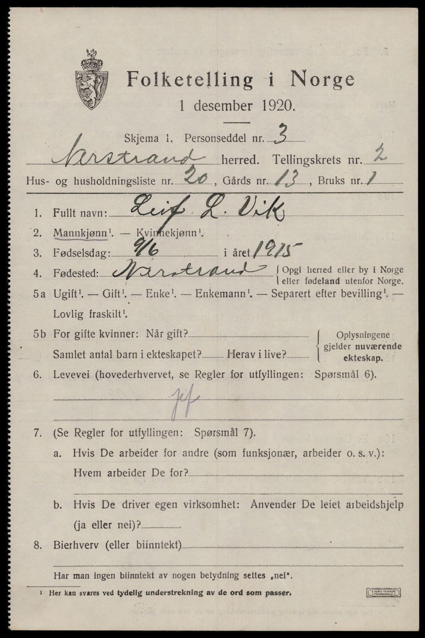 SAST, 1920 census for Nedstrand, 1920, p. 1189