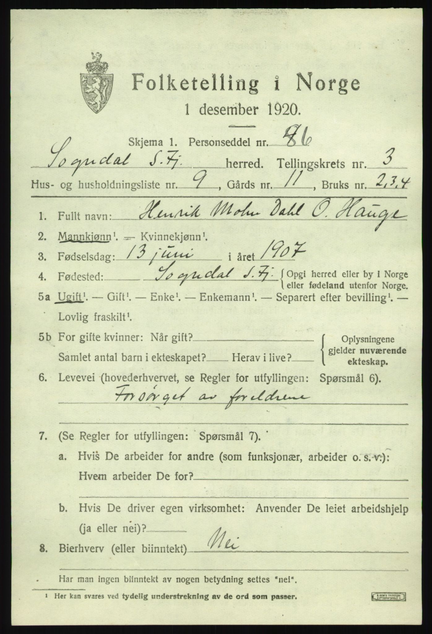 SAB, 1920 census for Sogndal, 1920, p. 2371