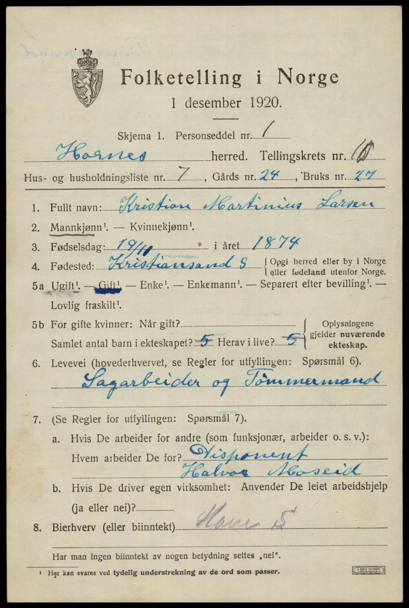 SAK, 1920 census for Hornnes, 1920, p. 2553
