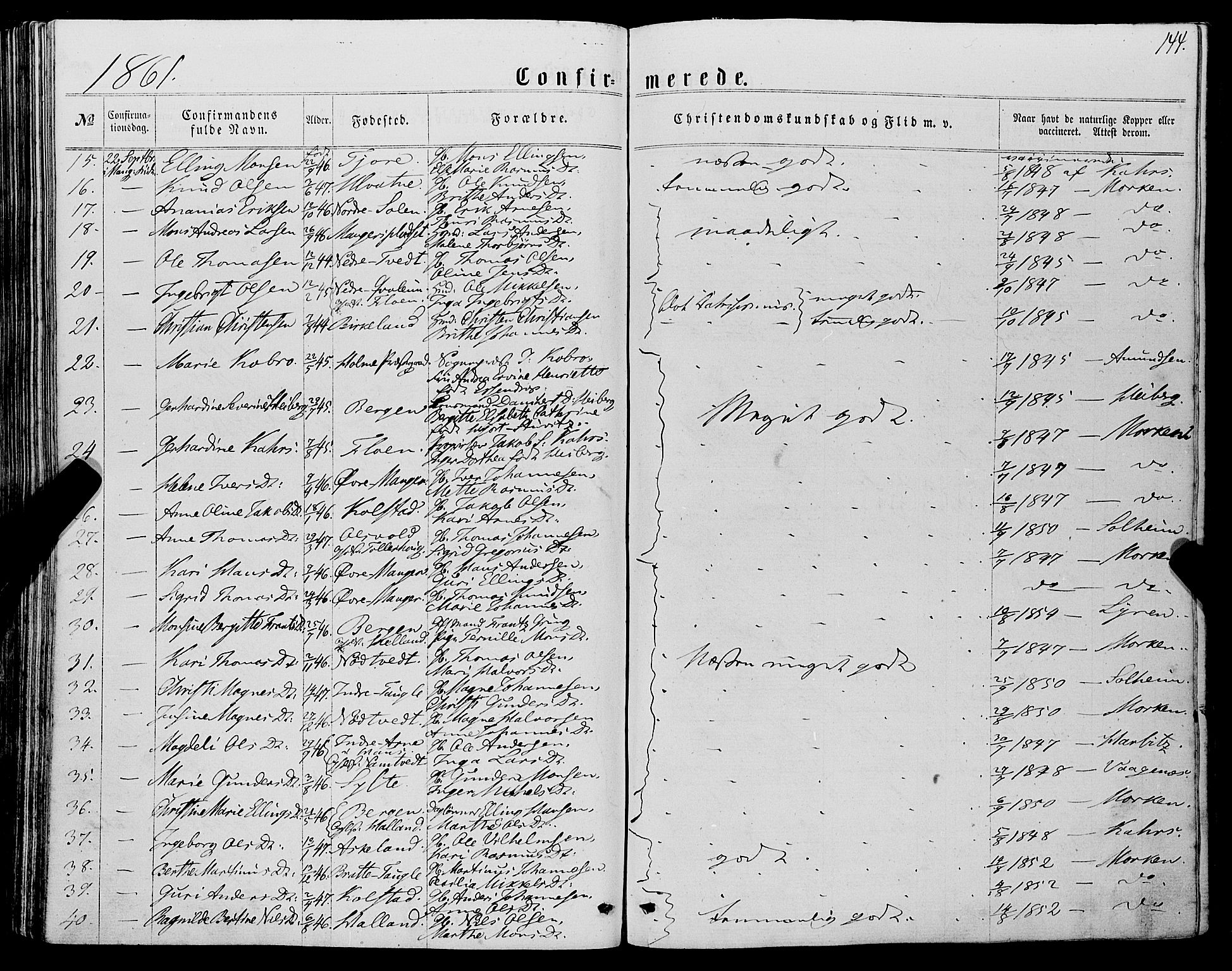 Manger sokneprestembete, SAB/A-76801/H/Haa: Parish register (official) no. A 7, 1860-1870, p. 144