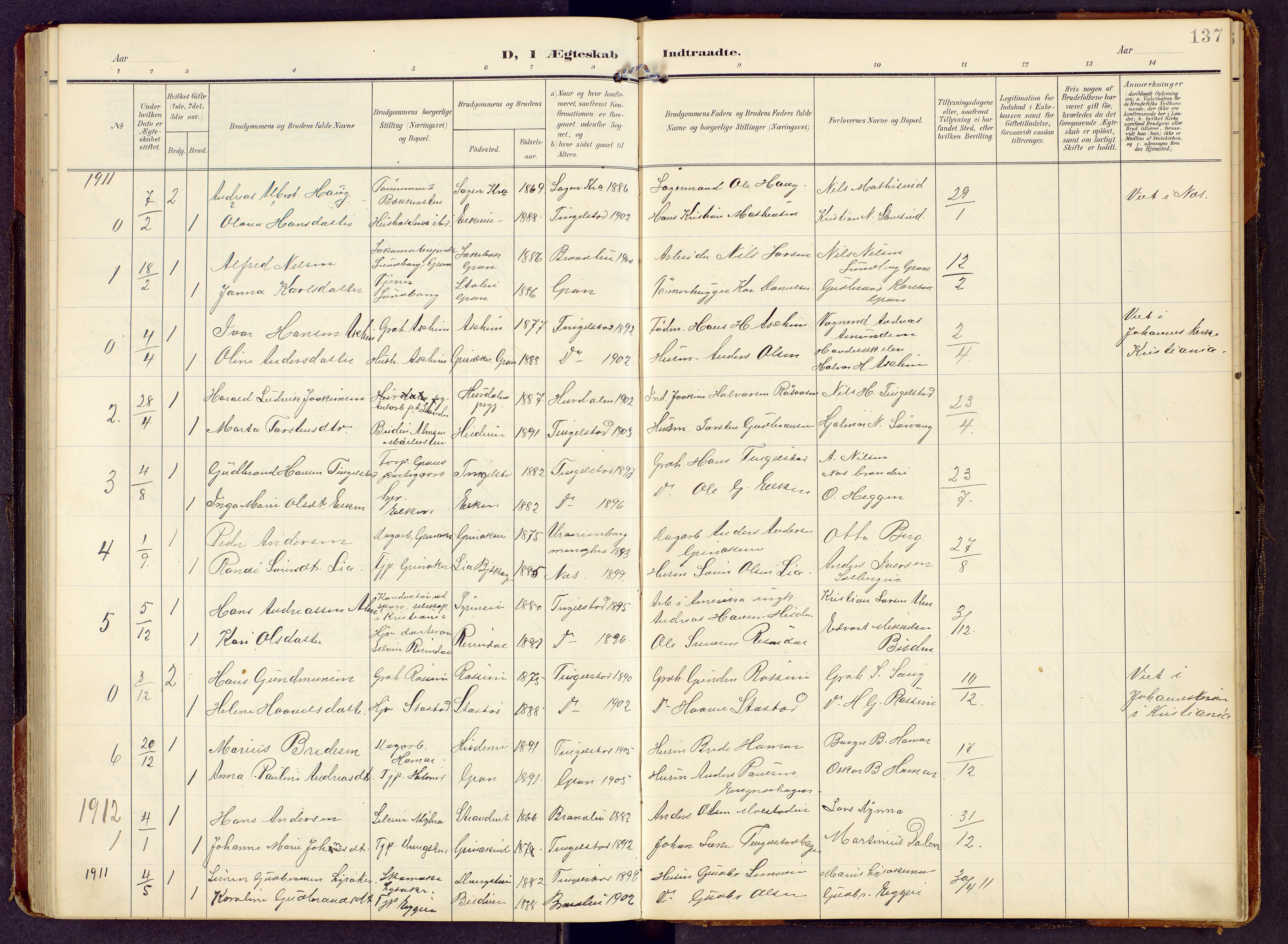 Brandbu prestekontor, SAH/PREST-114/H/Ha/Hab/L0009: Parish register (copy) no. 9, 1903-1916, p. 137