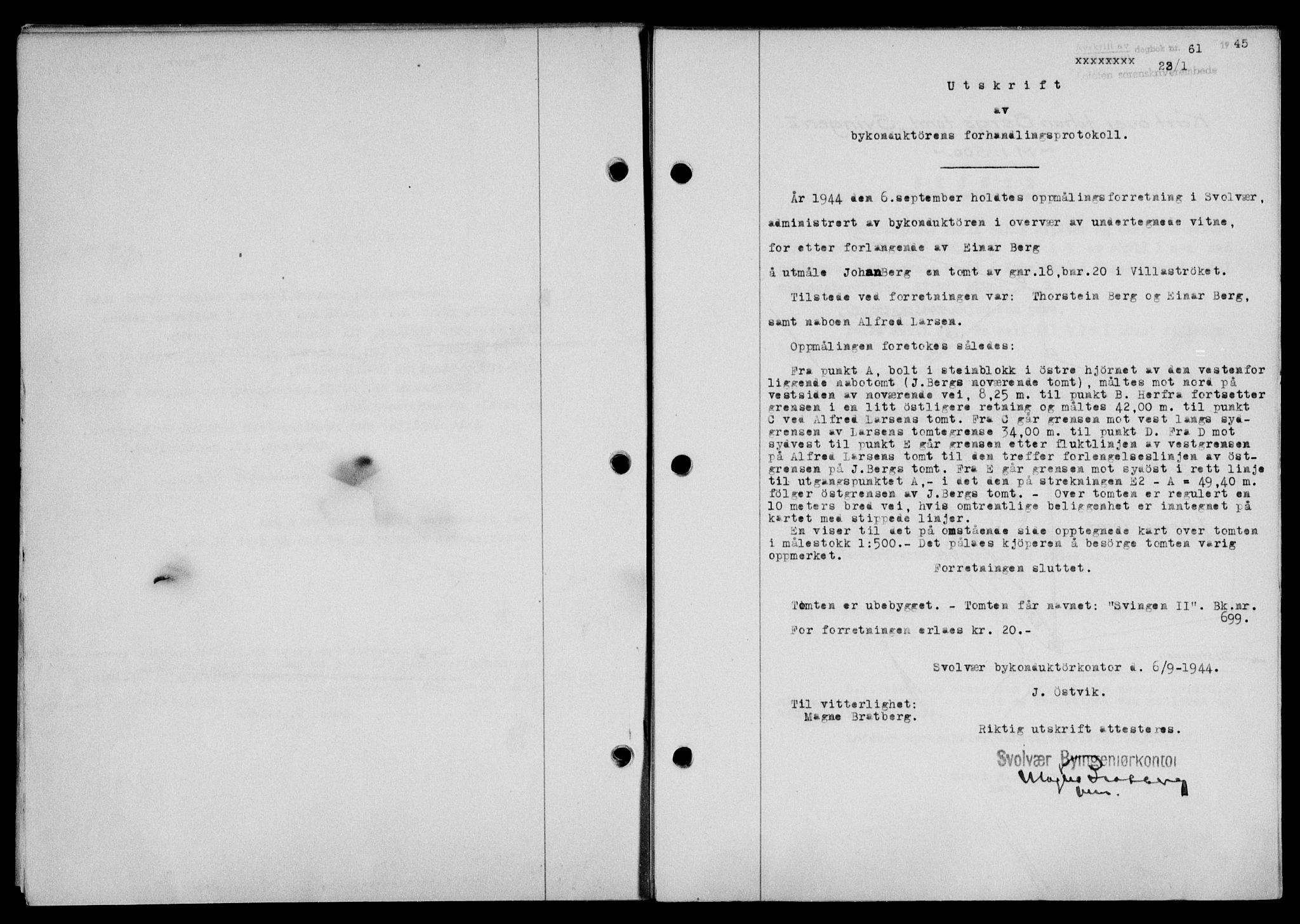 Lofoten sorenskriveri, SAT/A-0017/1/2/2C/L0013a: Mortgage book no. 13a, 1944-1946, Diary no: : 61/1945