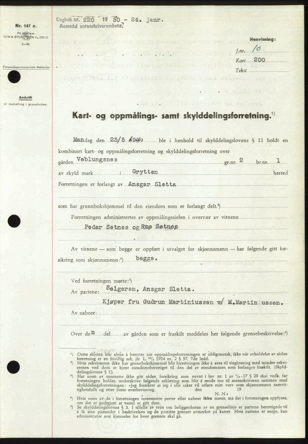 Romsdal sorenskriveri, AV/SAT-A-4149/1/2/2C: Mortgage book no. A32, 1950-1950, Diary no: : 220/1950