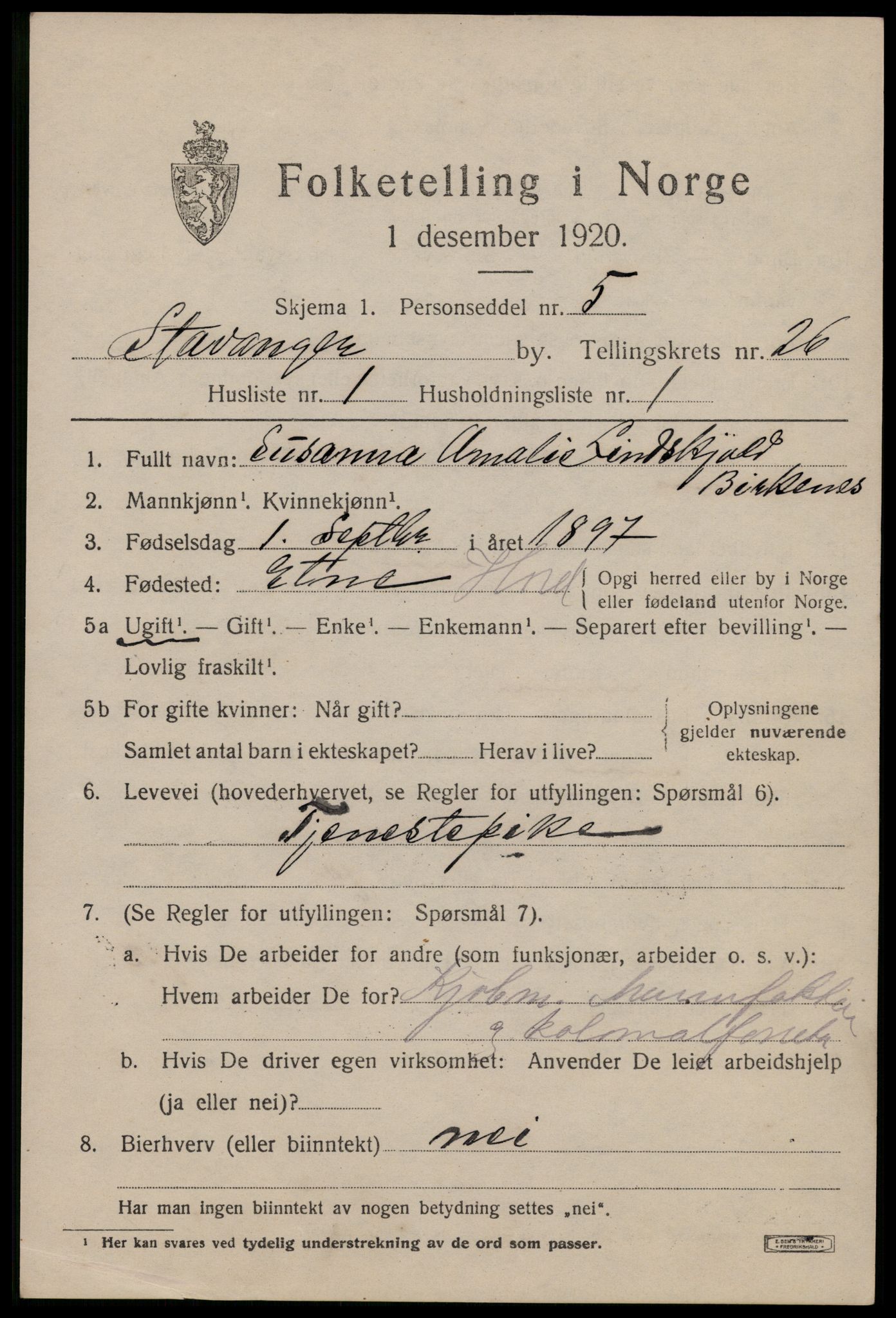 SAST, 1920 census for Stavanger, 1920, p. 77788