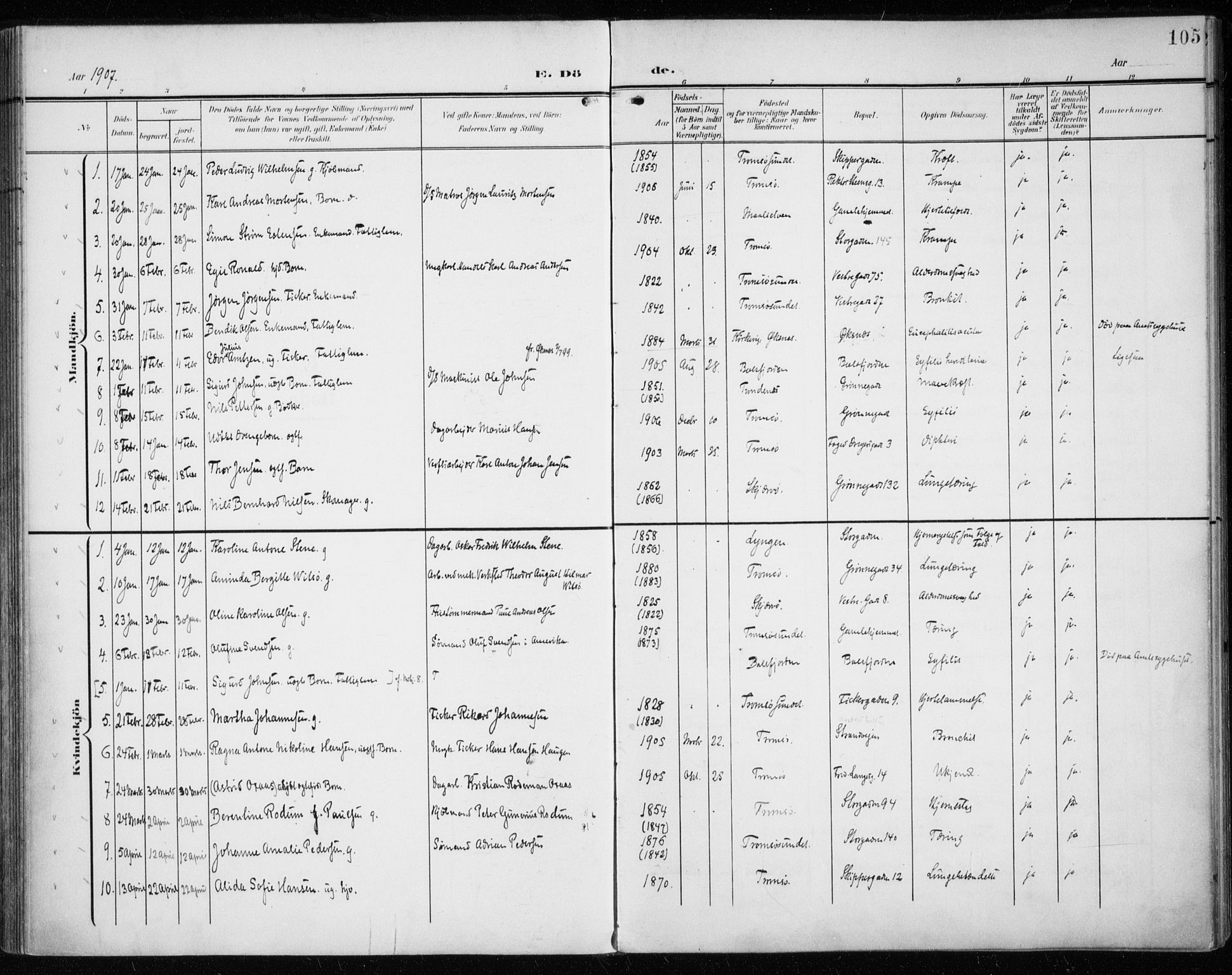 Tromsø sokneprestkontor/stiftsprosti/domprosti, SATØ/S-1343/G/Ga/L0018kirke: Parish register (official) no. 18, 1907-1917, p. 105