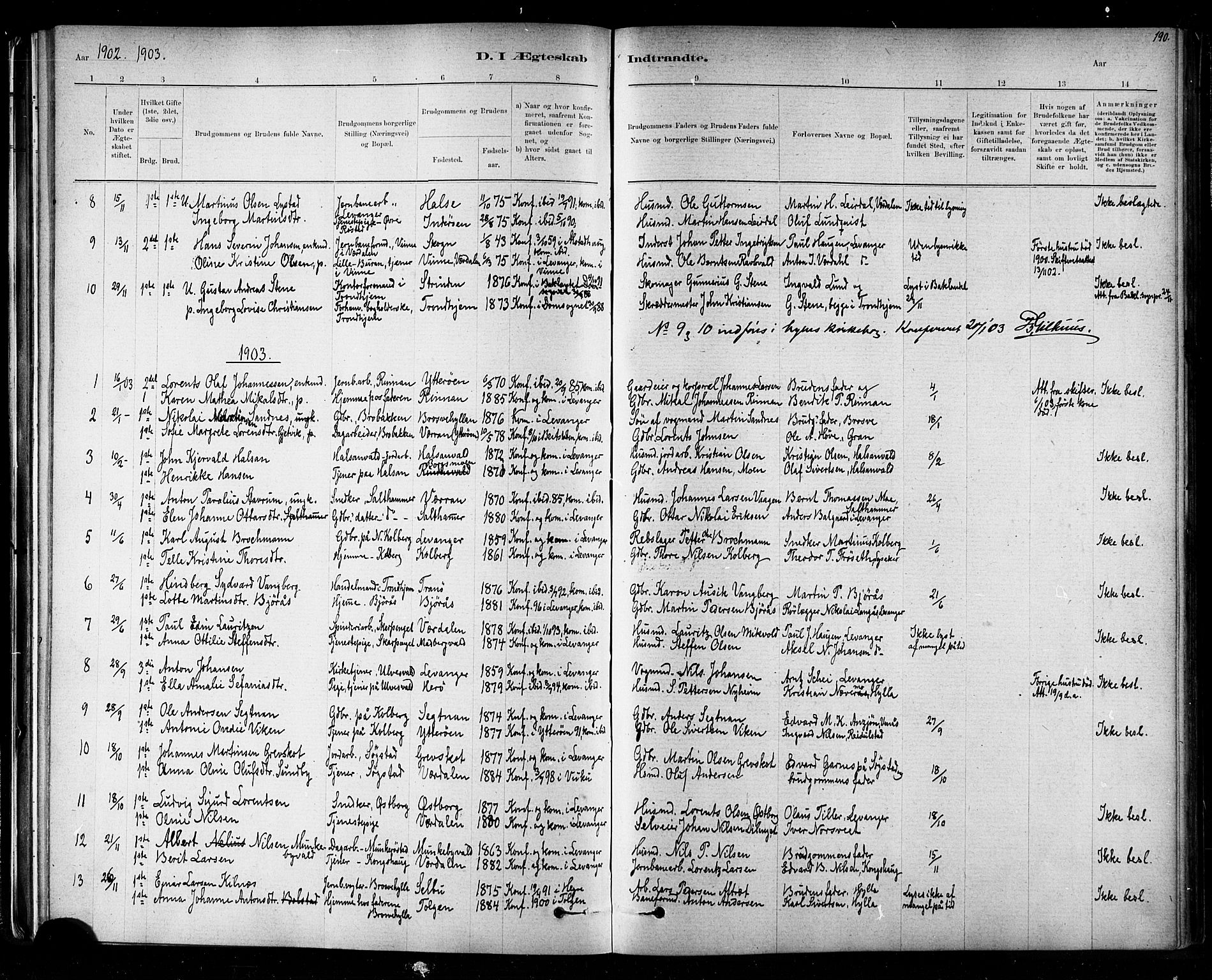 Ministerialprotokoller, klokkerbøker og fødselsregistre - Nord-Trøndelag, SAT/A-1458/721/L0208: Parish register (copy) no. 721C01, 1880-1917, p. 190