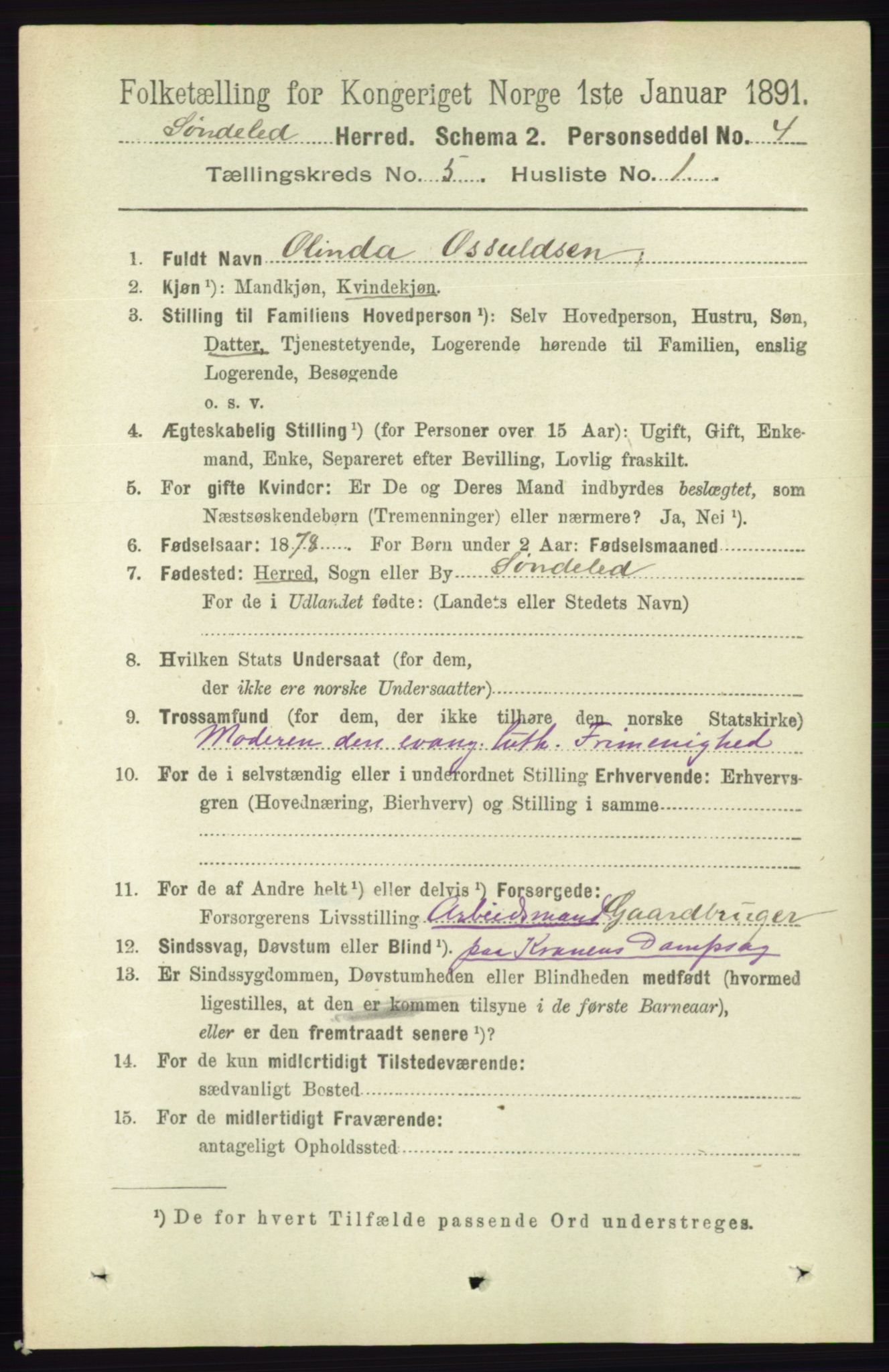 RA, 1891 census for 0913 Søndeled, 1891, p. 1220