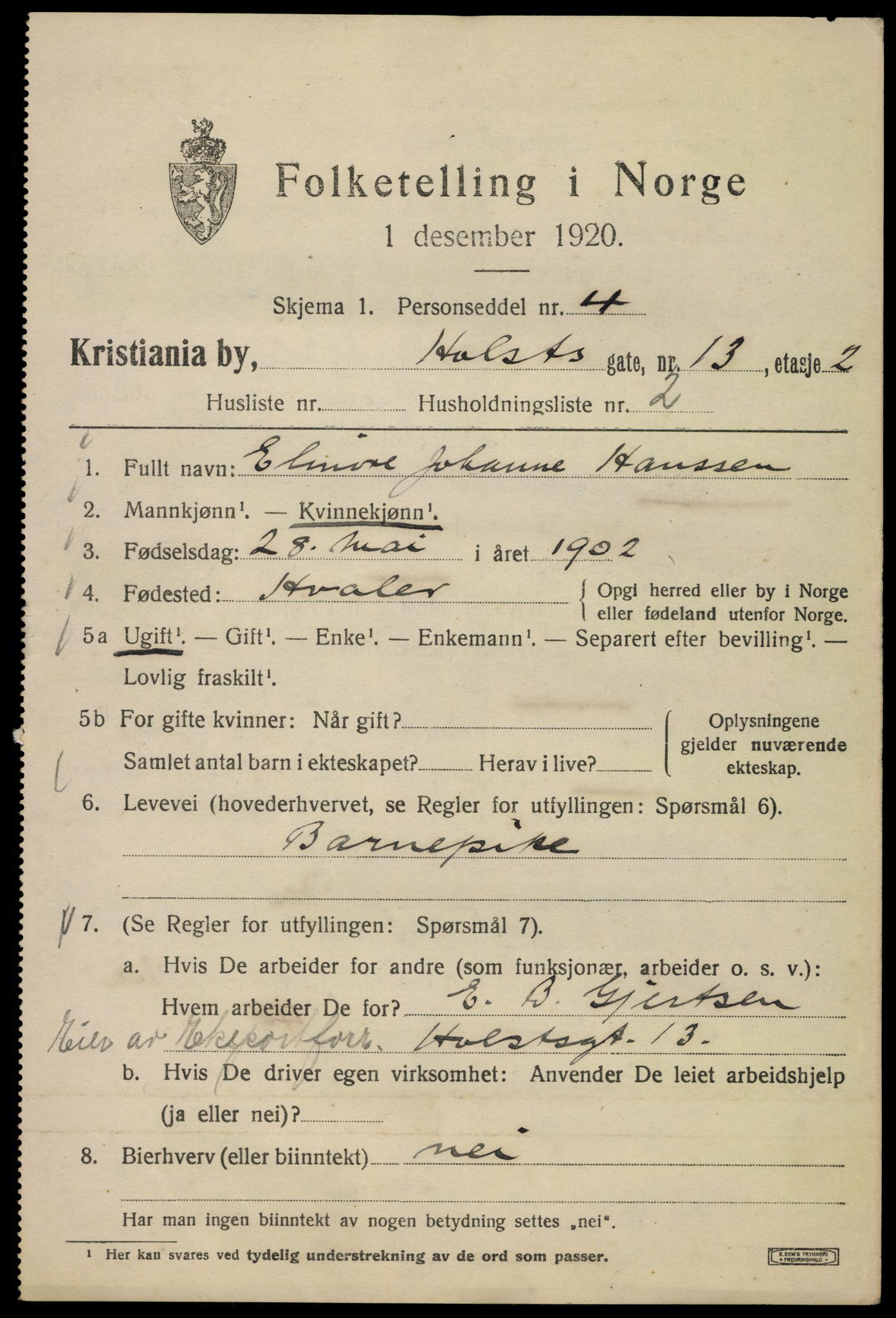 SAO, 1920 census for Kristiania, 1920, p. 298049