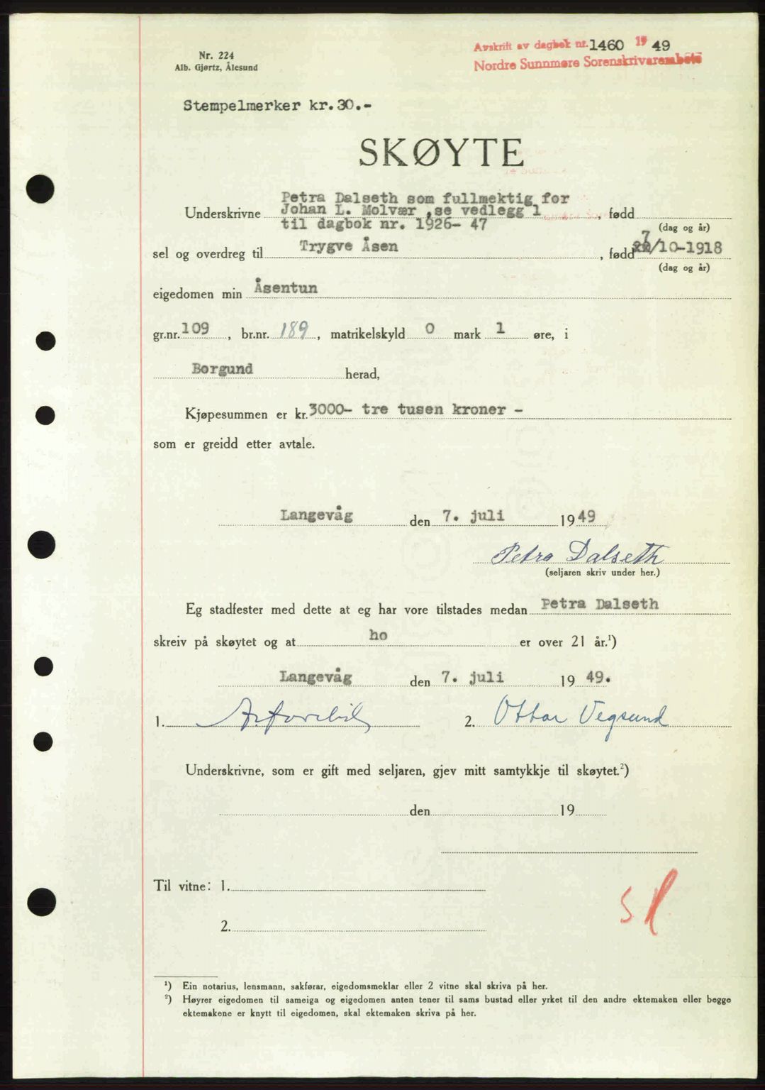 Nordre Sunnmøre sorenskriveri, AV/SAT-A-0006/1/2/2C/2Ca: Mortgage book no. A31, 1949-1949, Diary no: : 1460/1949