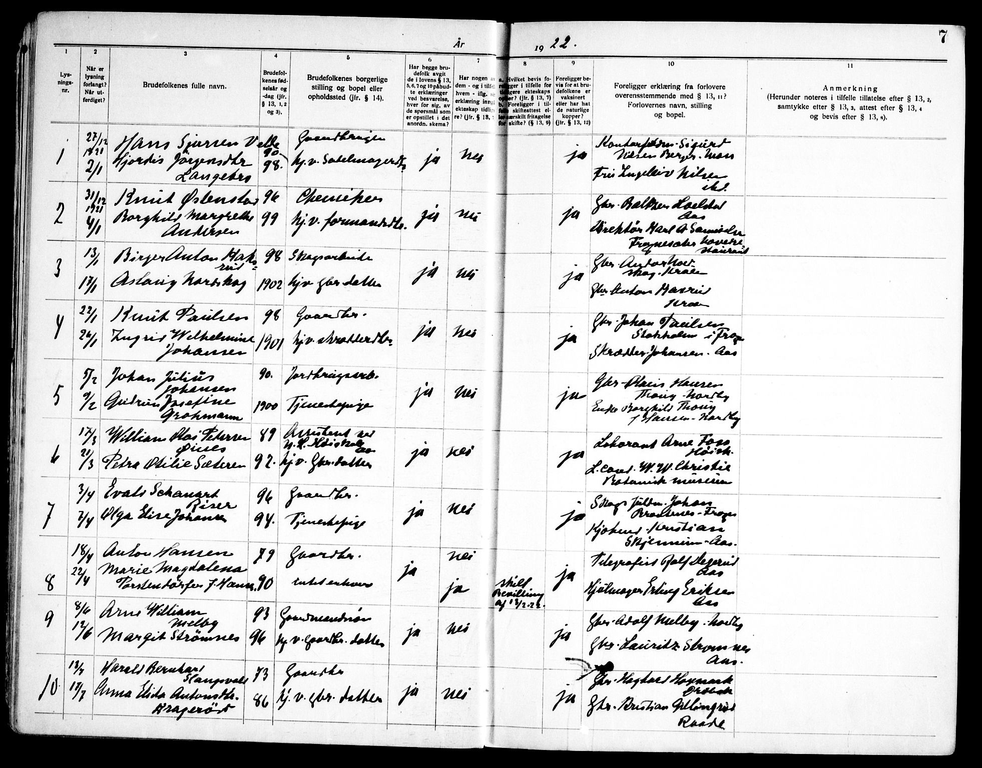 Ås prestekontor Kirkebøker, SAO/A-10894/H/Ha/L0001: Banns register no. 1, 1919-1946, p. 7