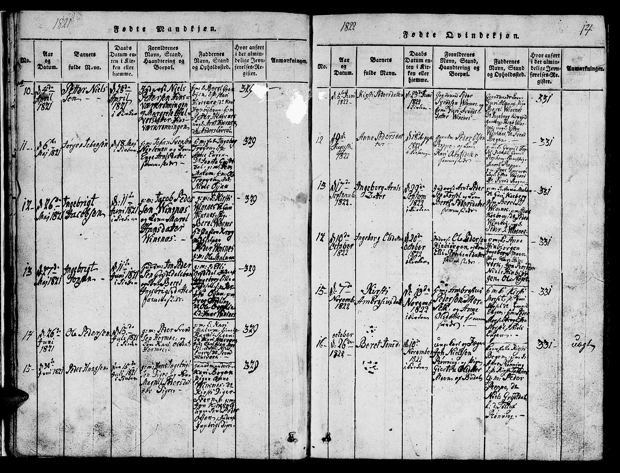 Ministerialprotokoller, klokkerbøker og fødselsregistre - Sør-Trøndelag, SAT/A-1456/688/L1026: Parish register (copy) no. 688C01, 1817-1860, p. 14