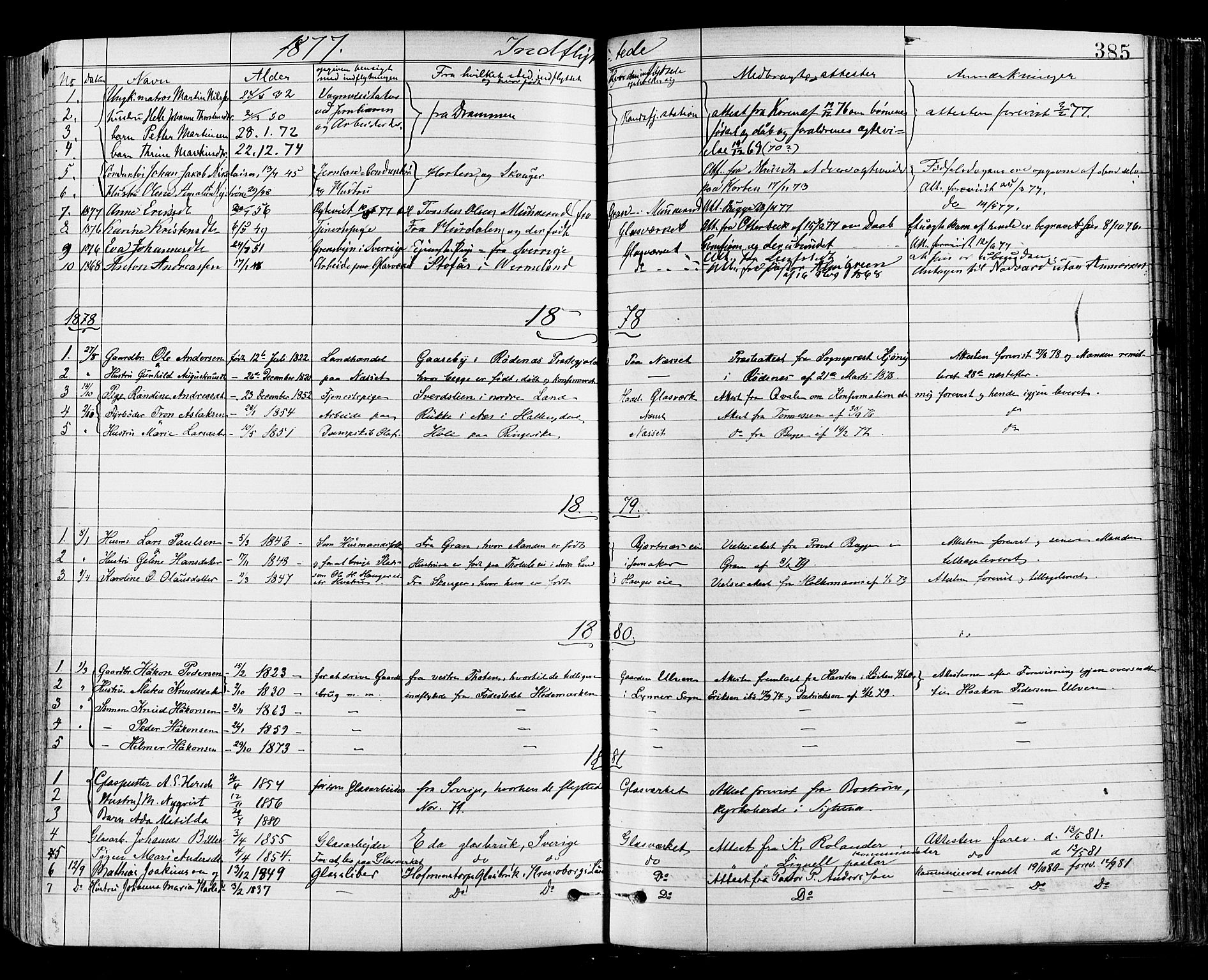 Jevnaker prestekontor, SAH/PREST-116/H/Ha/Haa/L0008: Parish register (official) no. 8, 1877-1890, p. 385
