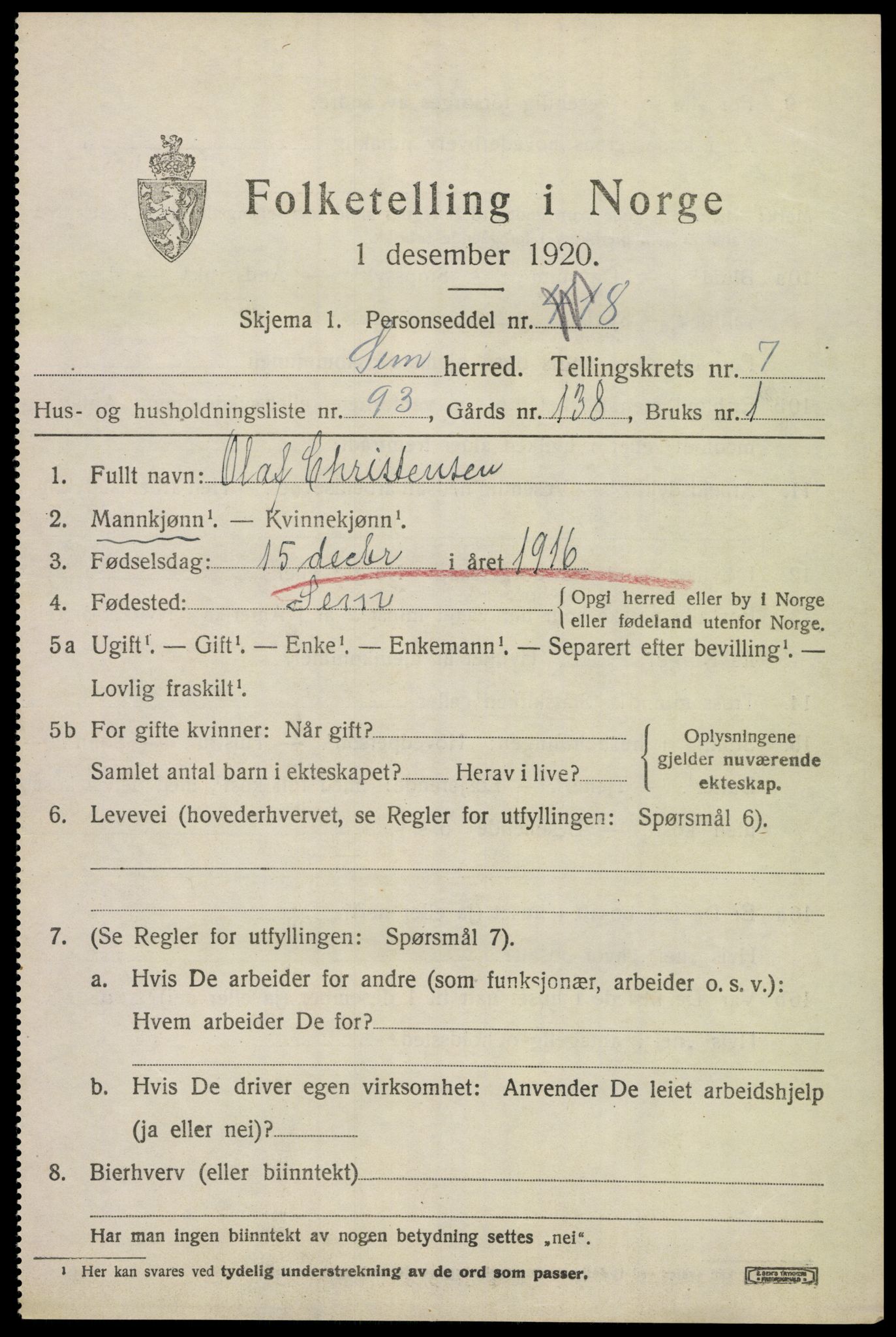 SAKO, 1920 census for Sem, 1920, p. 11179