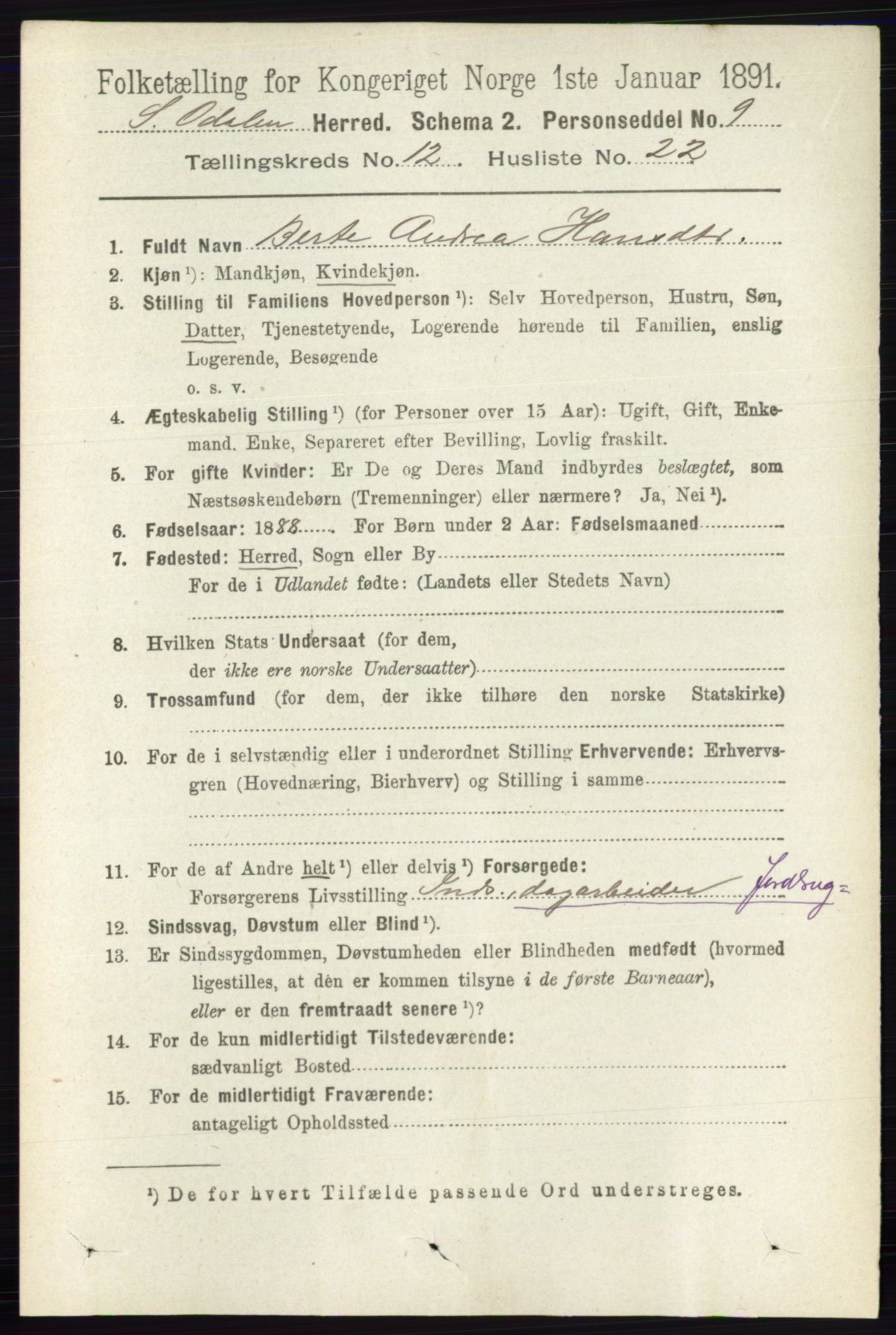 RA, 1891 census for 0419 Sør-Odal, 1891, p. 5493