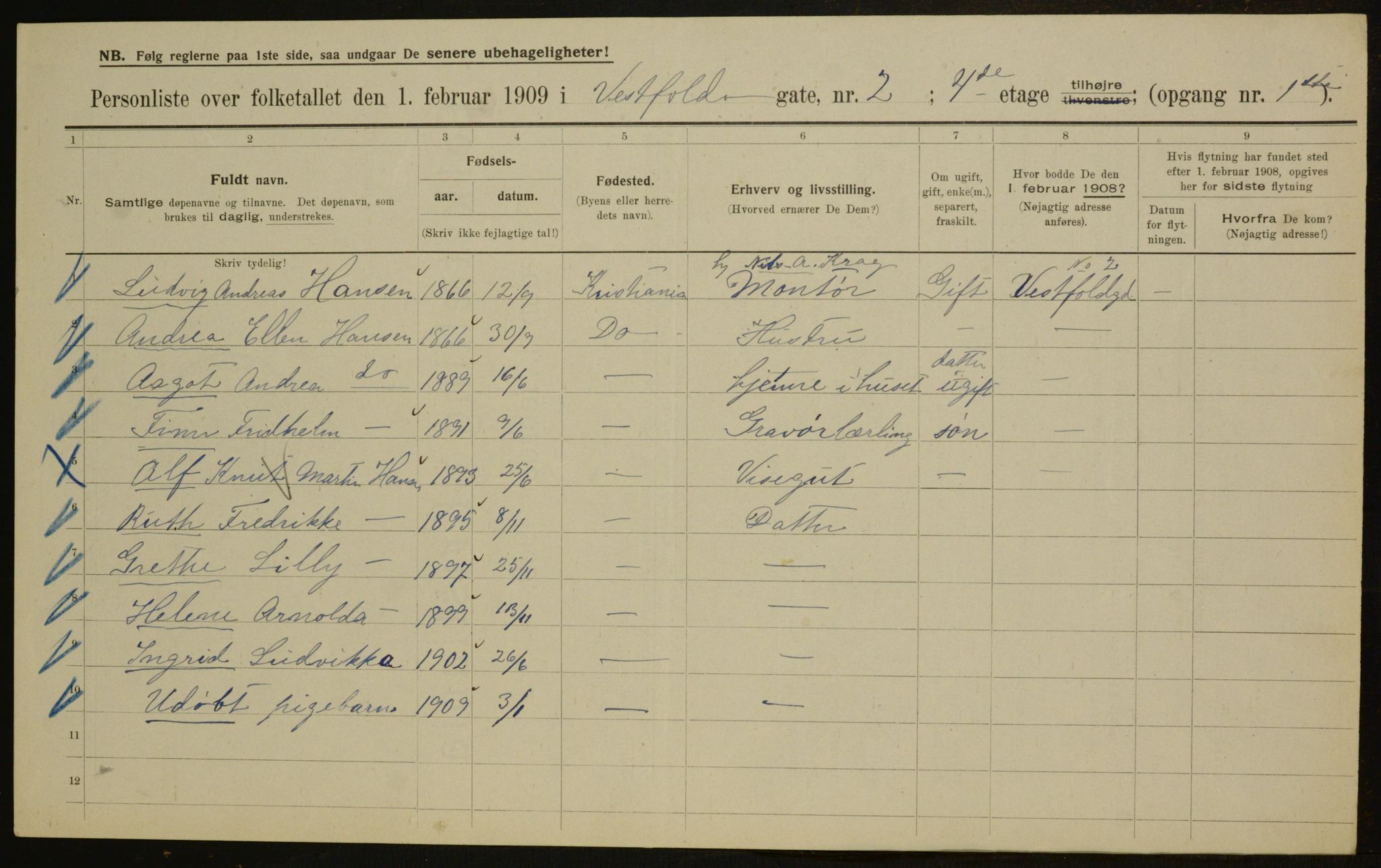 OBA, Municipal Census 1909 for Kristiania, 1909, p. 111028