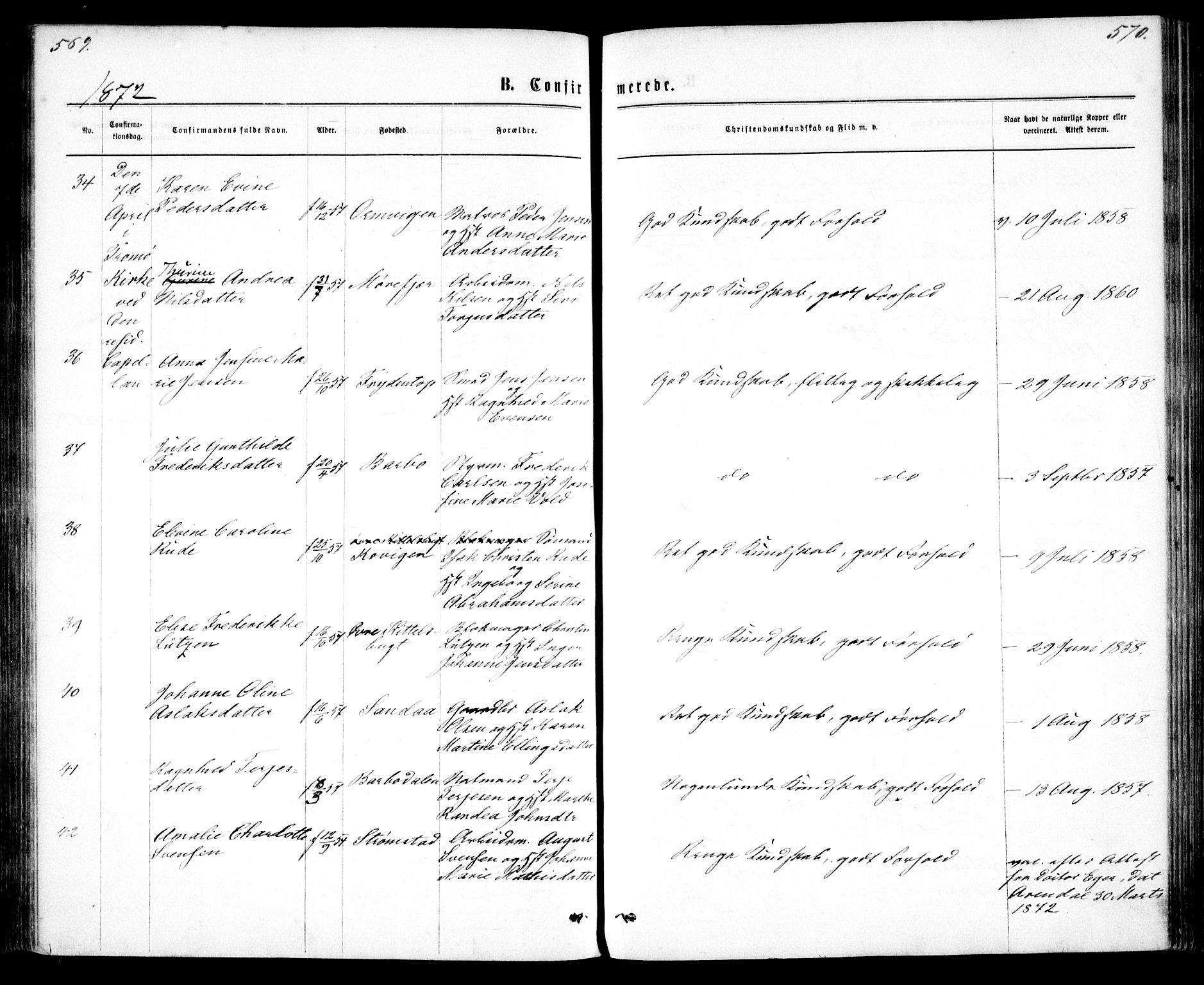 Tromøy sokneprestkontor, AV/SAK-1111-0041/F/Fa/L0008: Parish register (official) no. A 8, 1870-1877, p. 569-570