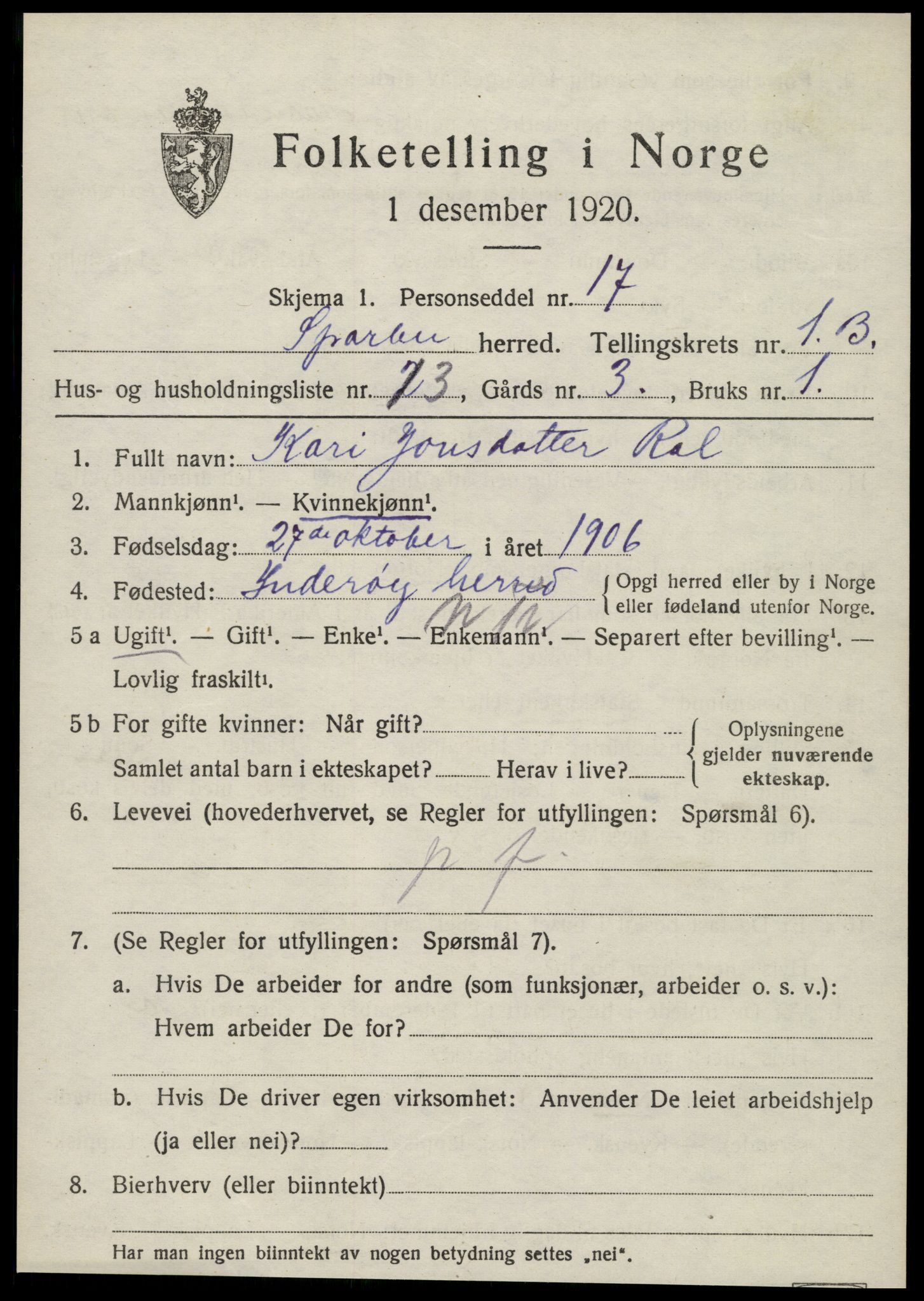 SAT, 1920 census for Sparbu, 1920, p. 2101