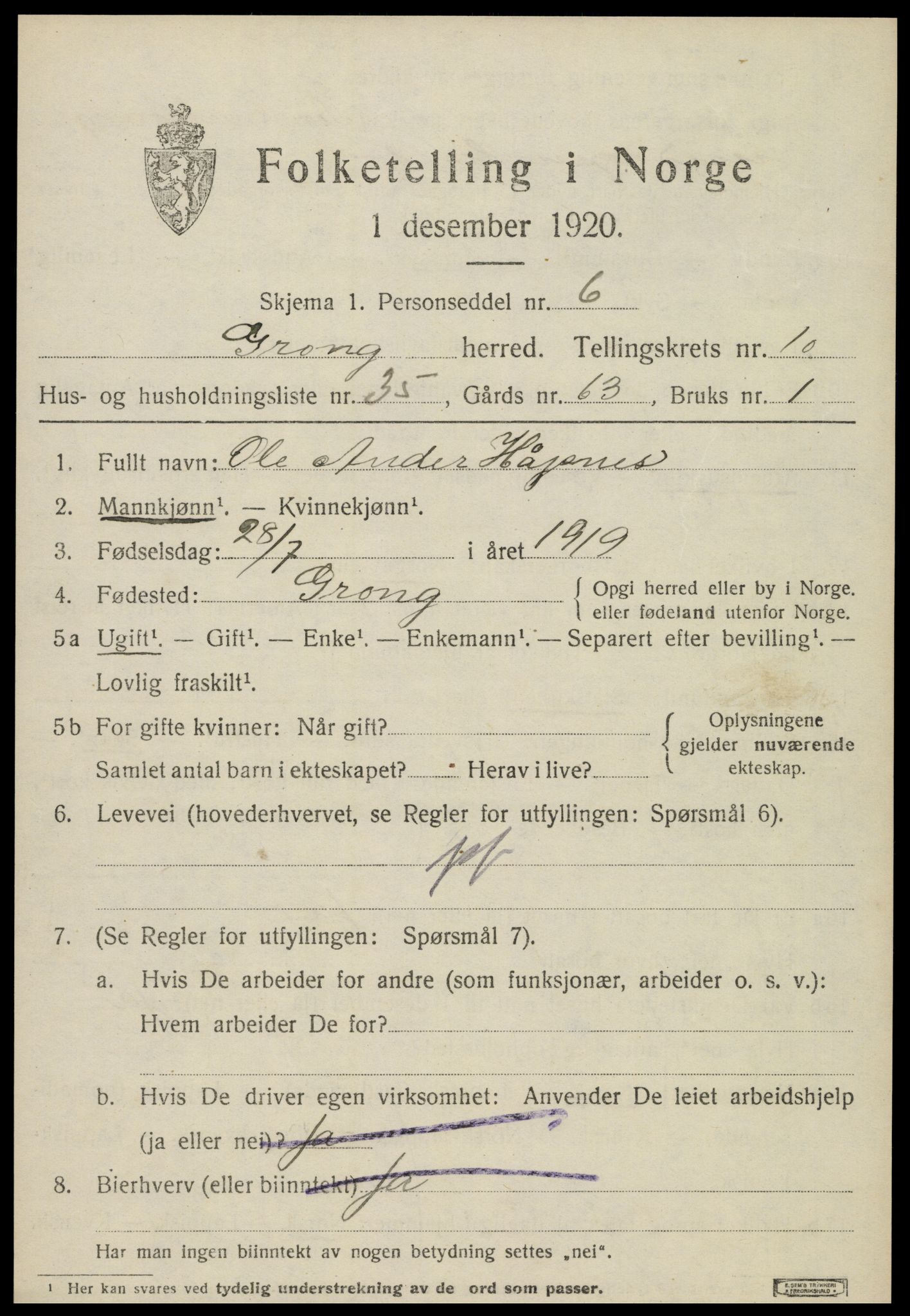 SAT, 1920 census for Grong, 1920, p. 6043