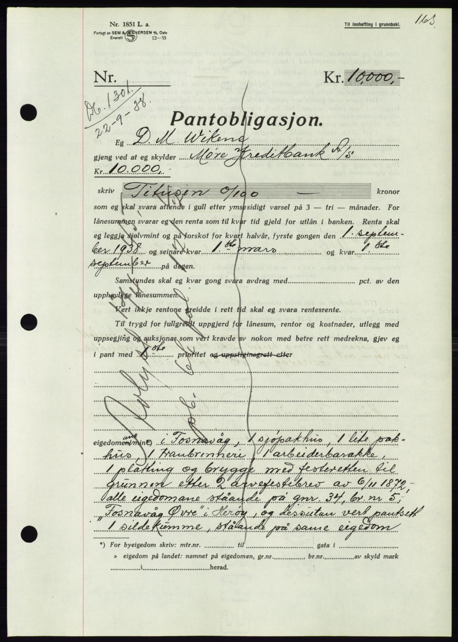 Søre Sunnmøre sorenskriveri, AV/SAT-A-4122/1/2/2C/L0066: Mortgage book no. 60, 1938-1938, Diary no: : 1301/1938