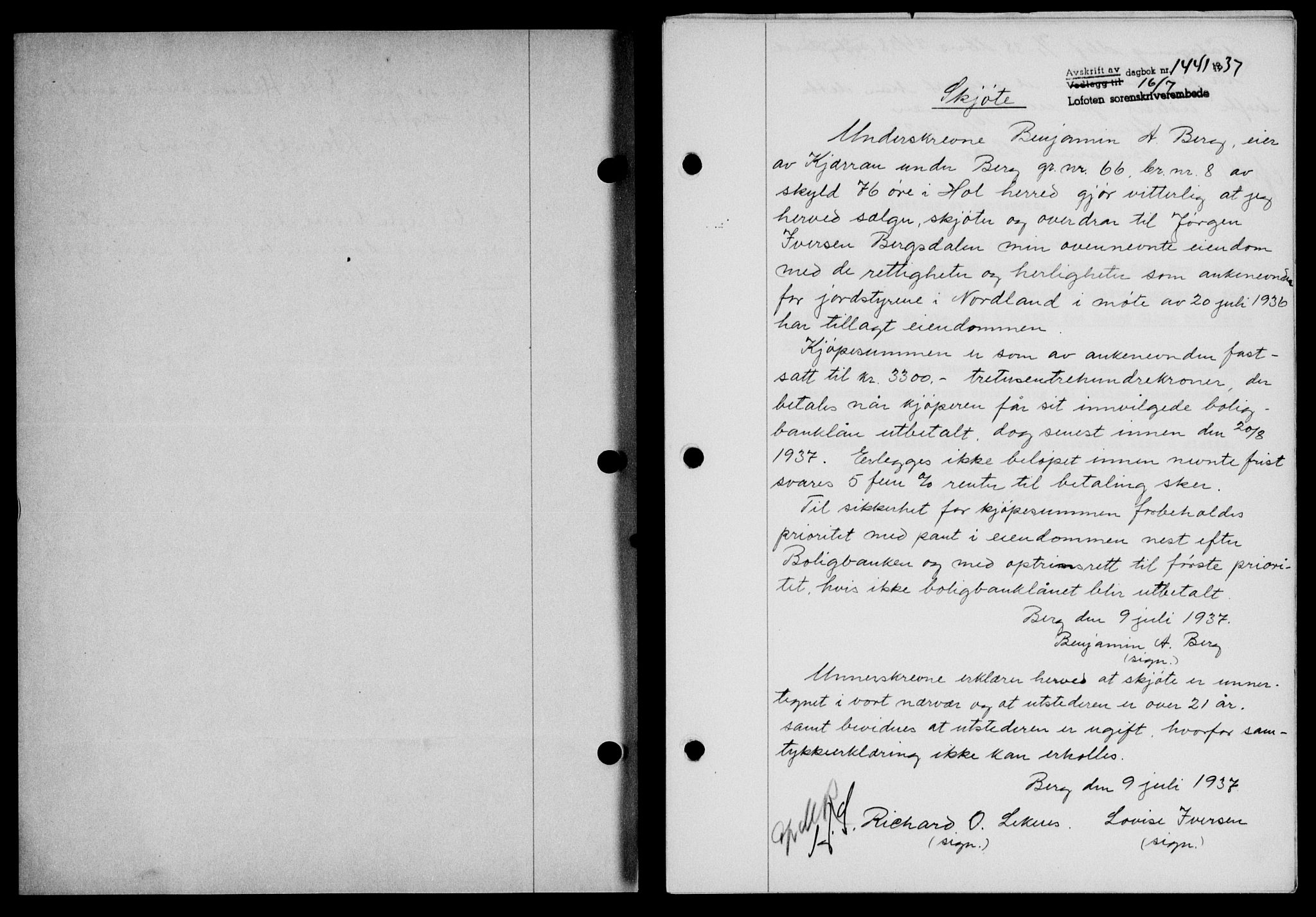 Lofoten sorenskriveri, SAT/A-0017/1/2/2C/L0002a: Mortgage book no. 2a, 1937-1937, Diary no: : 1441/1937