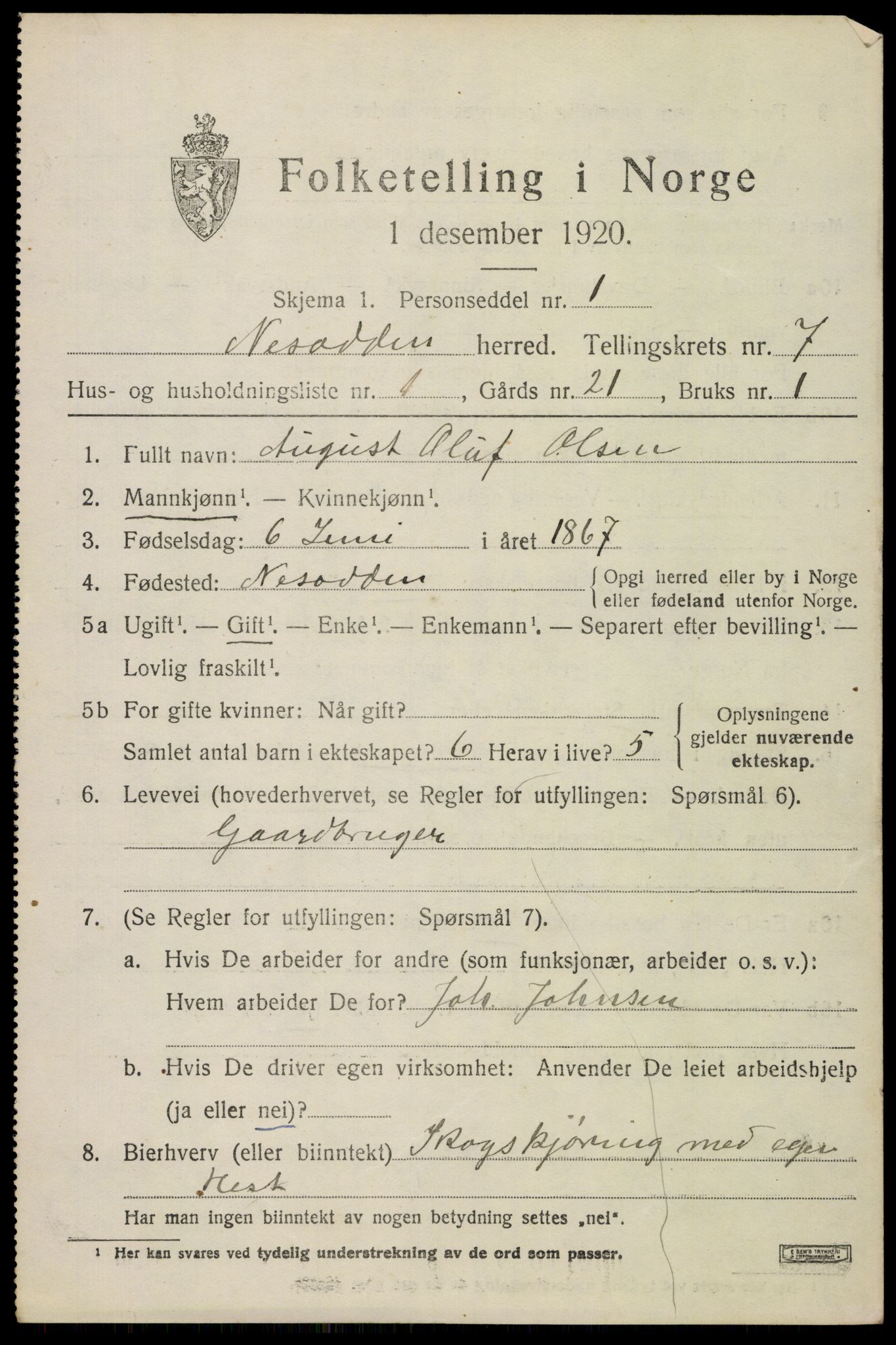 SAO, 1920 census for Nesodden, 1920, p. 5731