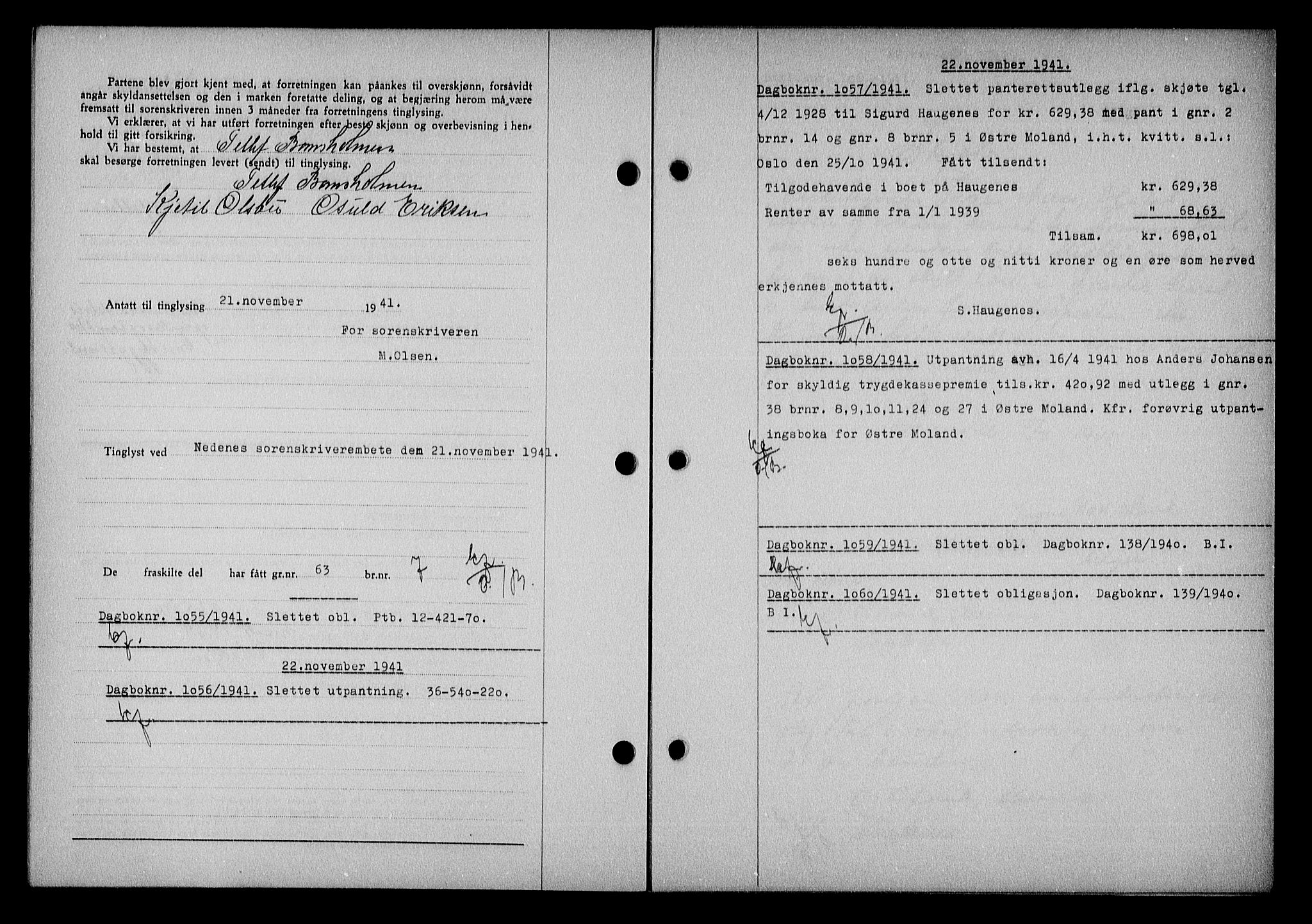 Nedenes sorenskriveri, SAK/1221-0006/G/Gb/Gba/L0049: Mortgage book no. A-III, 1941-1942, Diary no: : 1055/1941