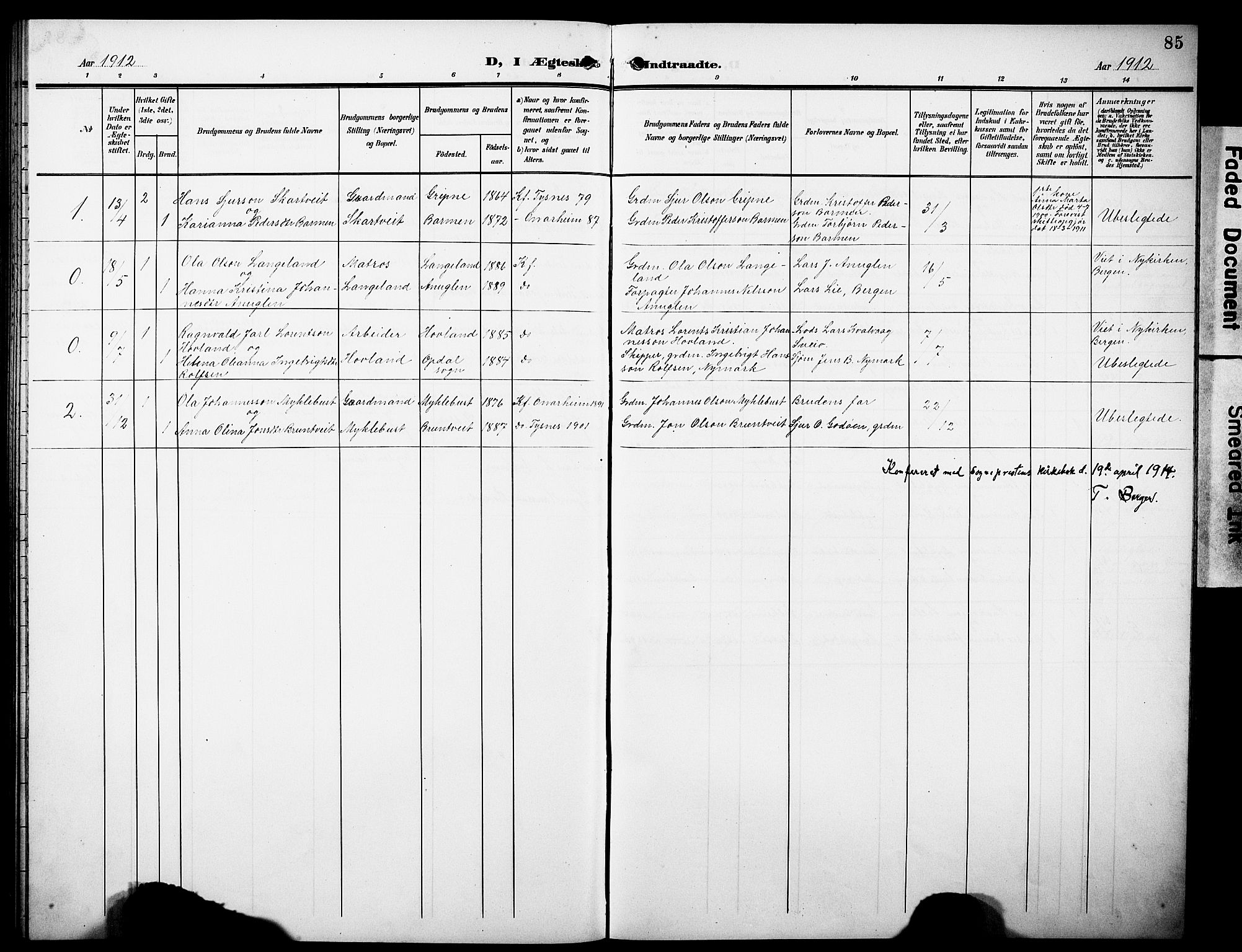 Tysnes sokneprestembete, AV/SAB-A-78601/H/Hab: Parish register (copy) no. C 3, 1908-1924, p. 85