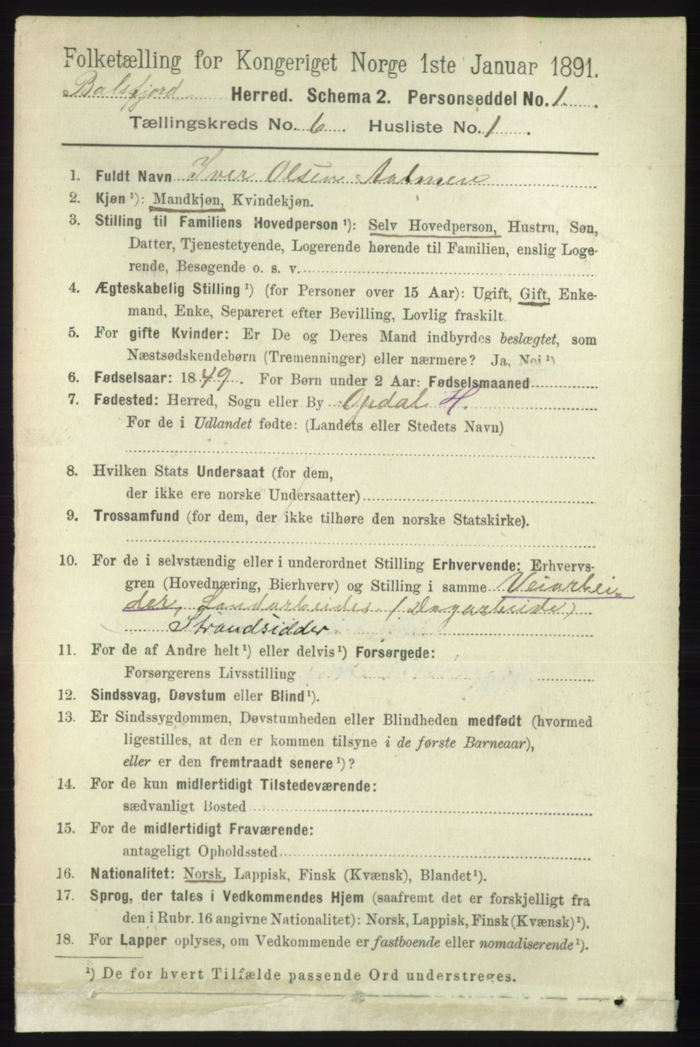 RA, 1891 census for 1933 Balsfjord, 1891, p. 1593