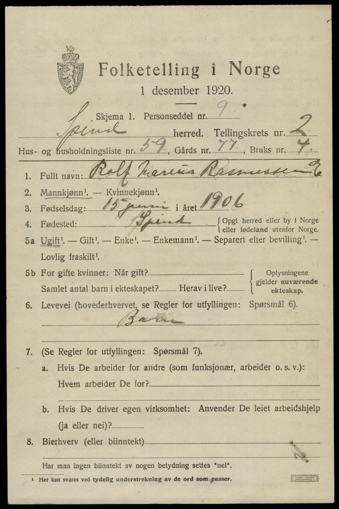 SAK, 1920 census for Spind, 1920, p. 1629