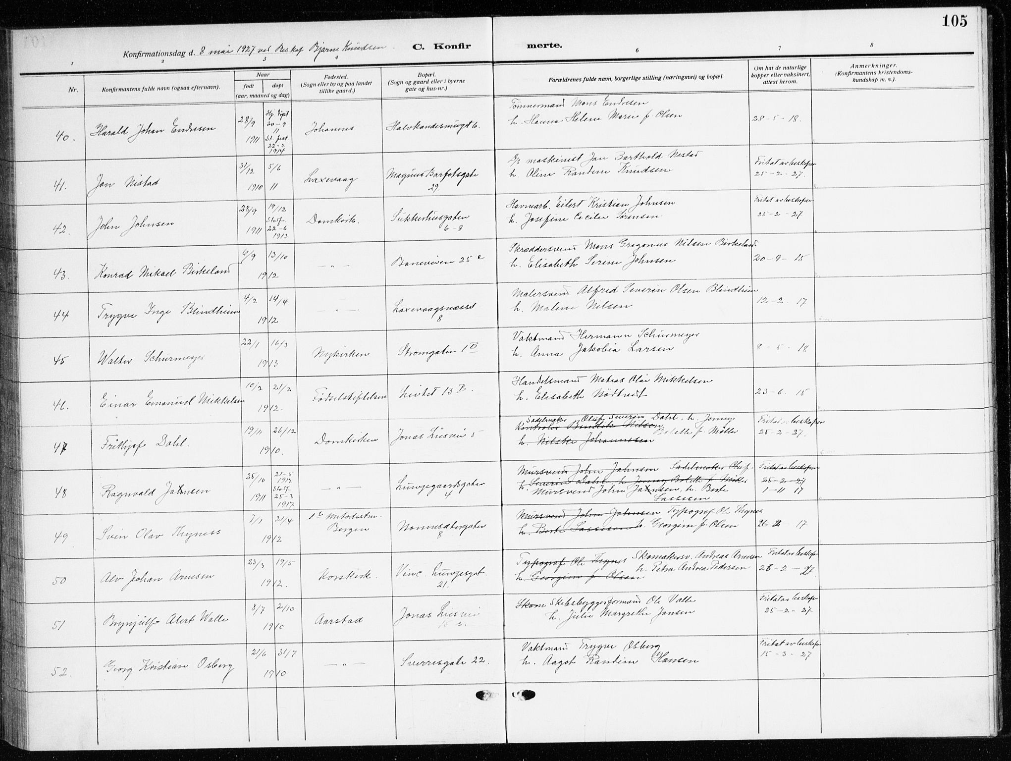 Domkirken sokneprestembete, AV/SAB-A-74801/H/Haa/L0032: Parish register (official) no. C 7, 1915-1930, p. 105