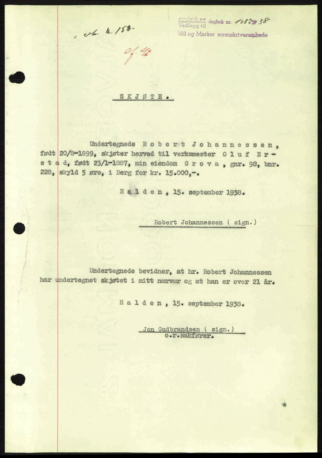 Idd og Marker sorenskriveri, AV/SAO-A-10283/G/Gb/Gbb/L0002: Mortgage book no. A2, 1937-1938, Diary no: : 1082/1938