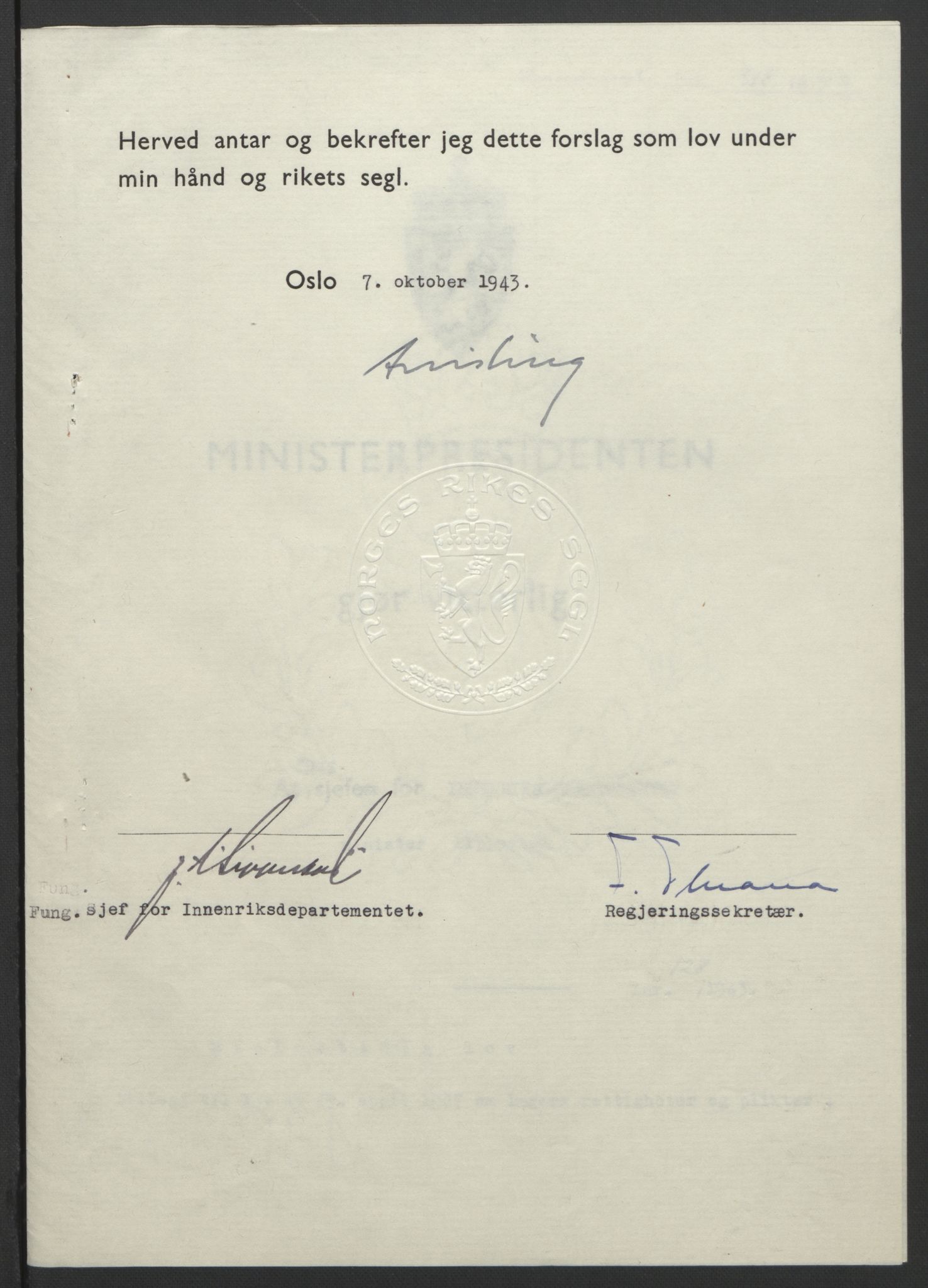 NS-administrasjonen 1940-1945 (Statsrådsekretariatet, de kommisariske statsråder mm), RA/S-4279/D/Db/L0099: Lover, 1943, p. 603