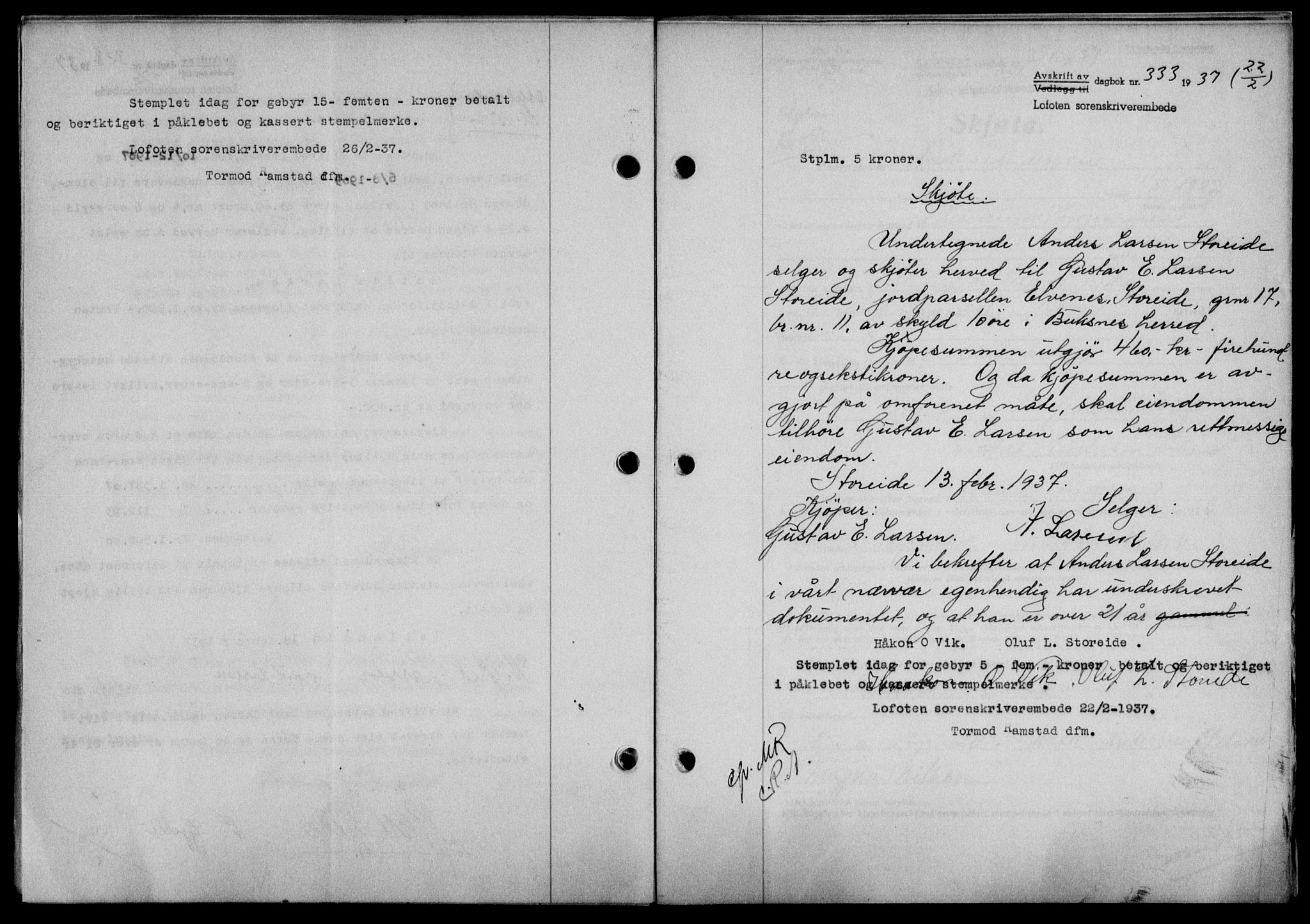 Lofoten sorenskriveri, SAT/A-0017/1/2/2C/L0001a: Mortgage book no. 1a, 1936-1937, Diary no: : 333/1937