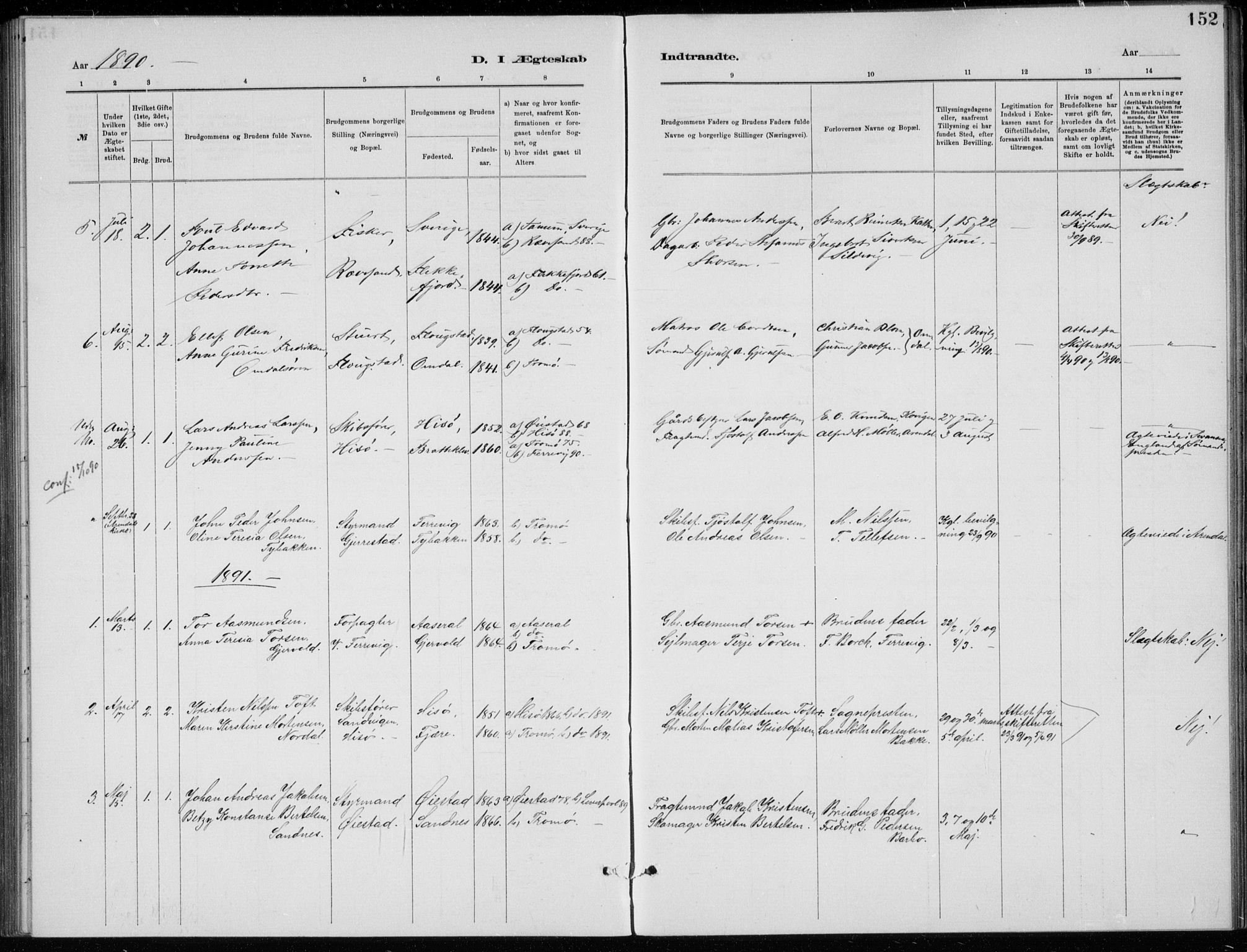 Tromøy sokneprestkontor, SAK/1111-0041/F/Fb/L0005: Parish register (copy) no. B 5, 1877-1891, p. 152