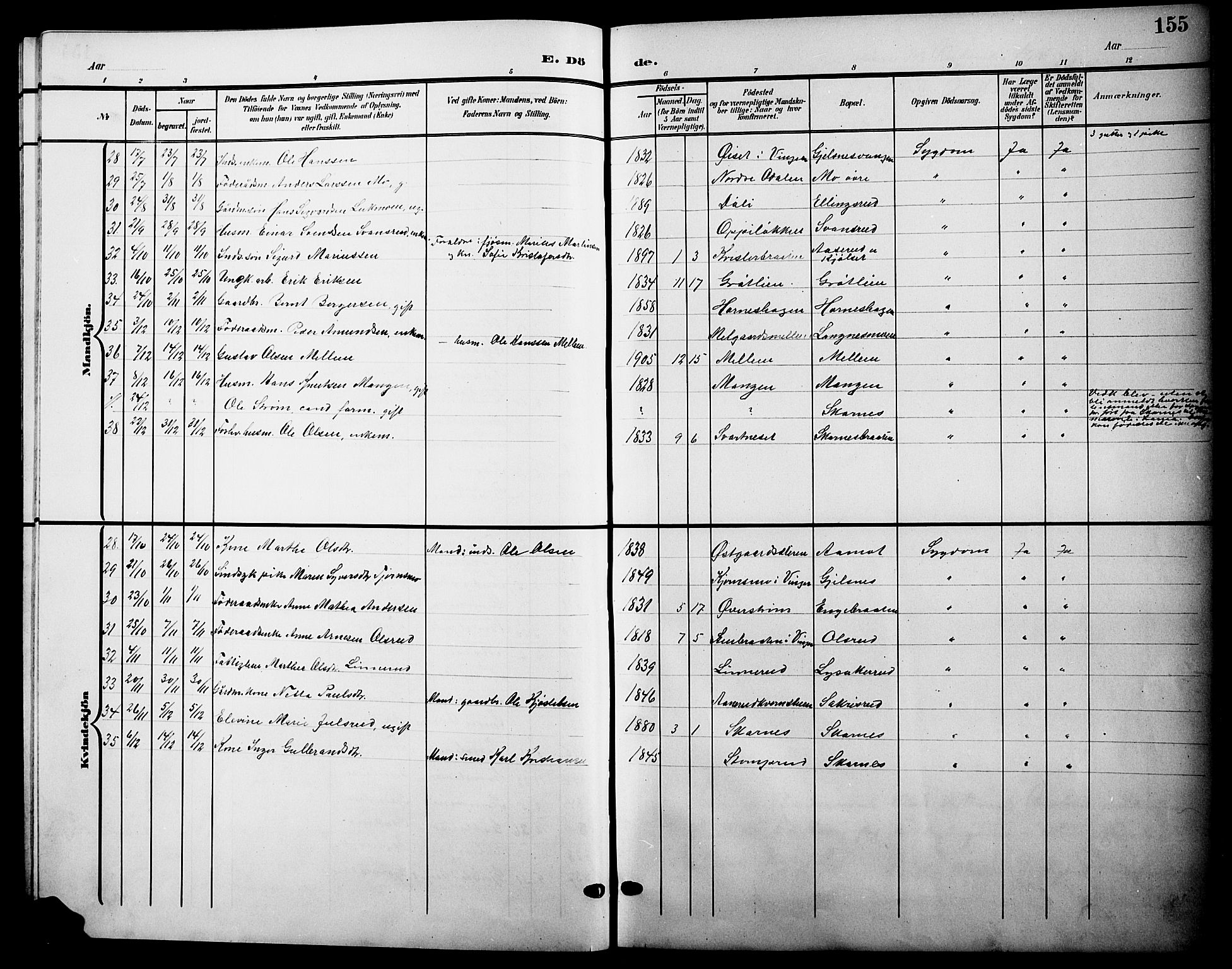 Sør-Odal prestekontor, AV/SAH-PREST-030/H/Ha/Hab/L0005: Parish register (copy) no. 5, 1903-1915, p. 155