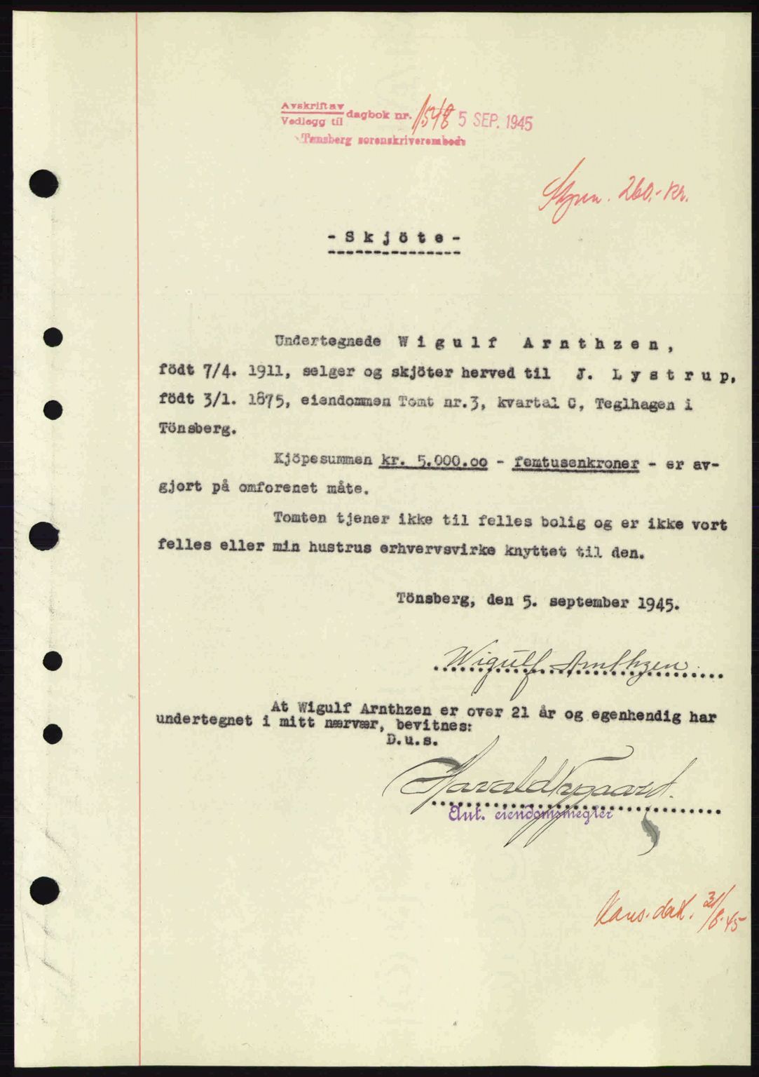 Tønsberg sorenskriveri, AV/SAKO-A-130/G/Ga/Gaa/L0017a: Mortgage book no. A17a, 1945-1945, Diary no: : 1548/1945