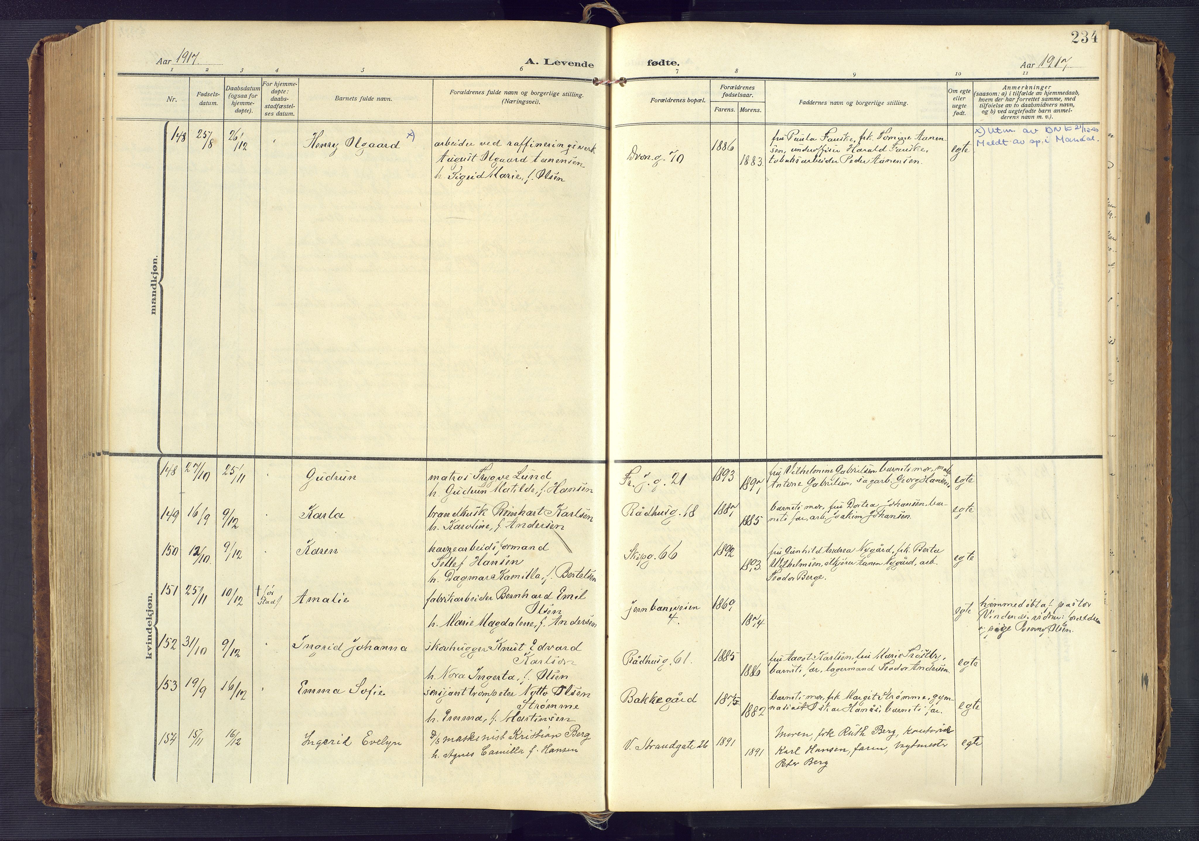 Kristiansand domprosti, AV/SAK-1112-0006/F/Fa/L0023: Parish register (official) no. A 22, 1909-1917, p. 234