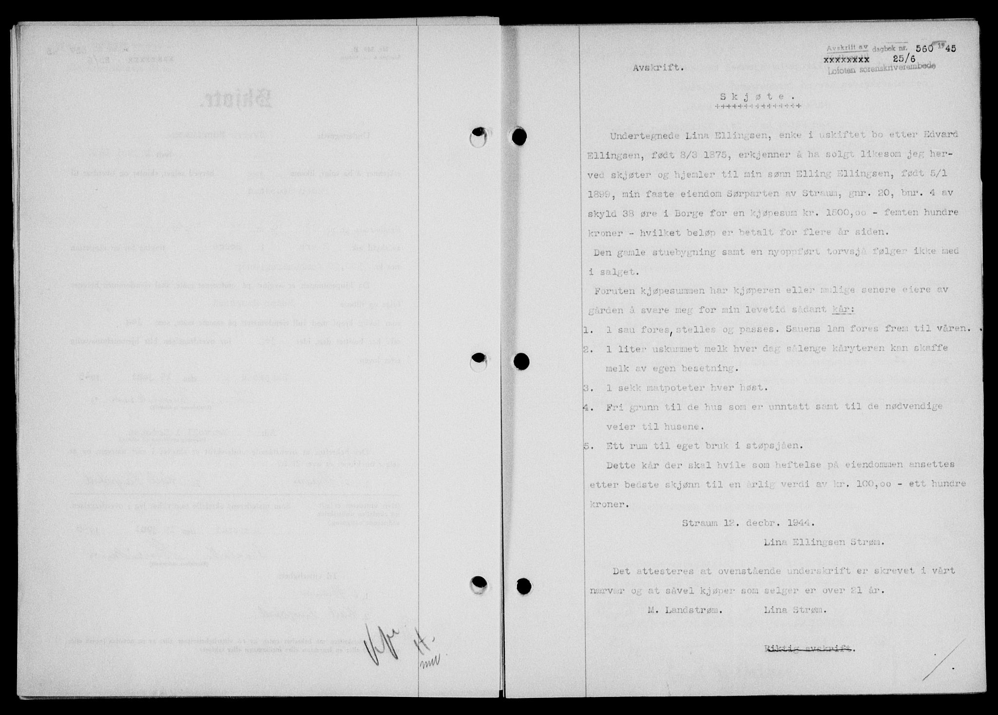 Lofoten sorenskriveri, SAT/A-0017/1/2/2C/L0013a: Mortgage book no. 13a, 1944-1946, Diary no: : 560/1945